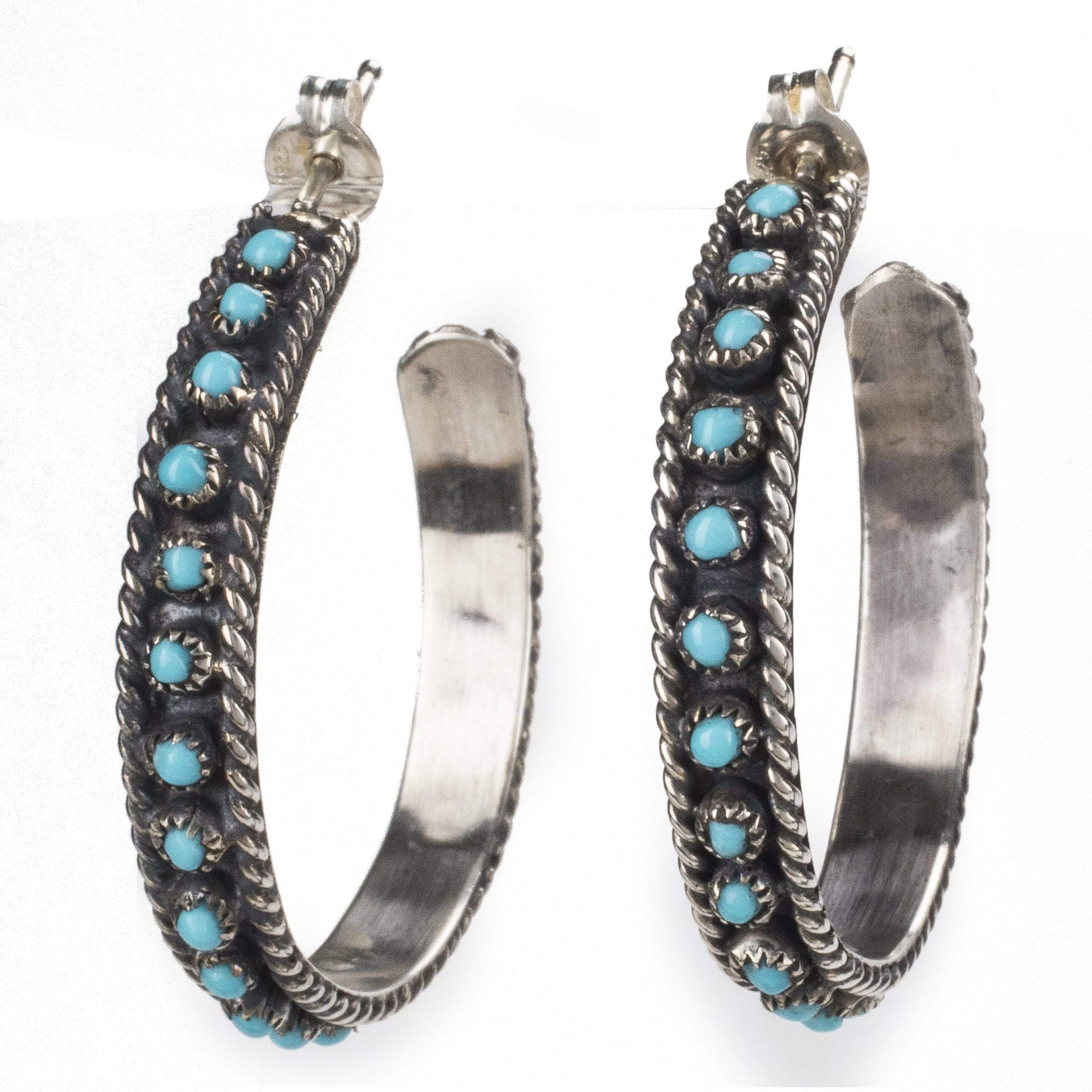 Kalifano Native American Jewelry Kingman Turquoise Petit Point USA Native American Made 925 Sterling Silver Hoop Earrings with Stud Backing NAE500.003