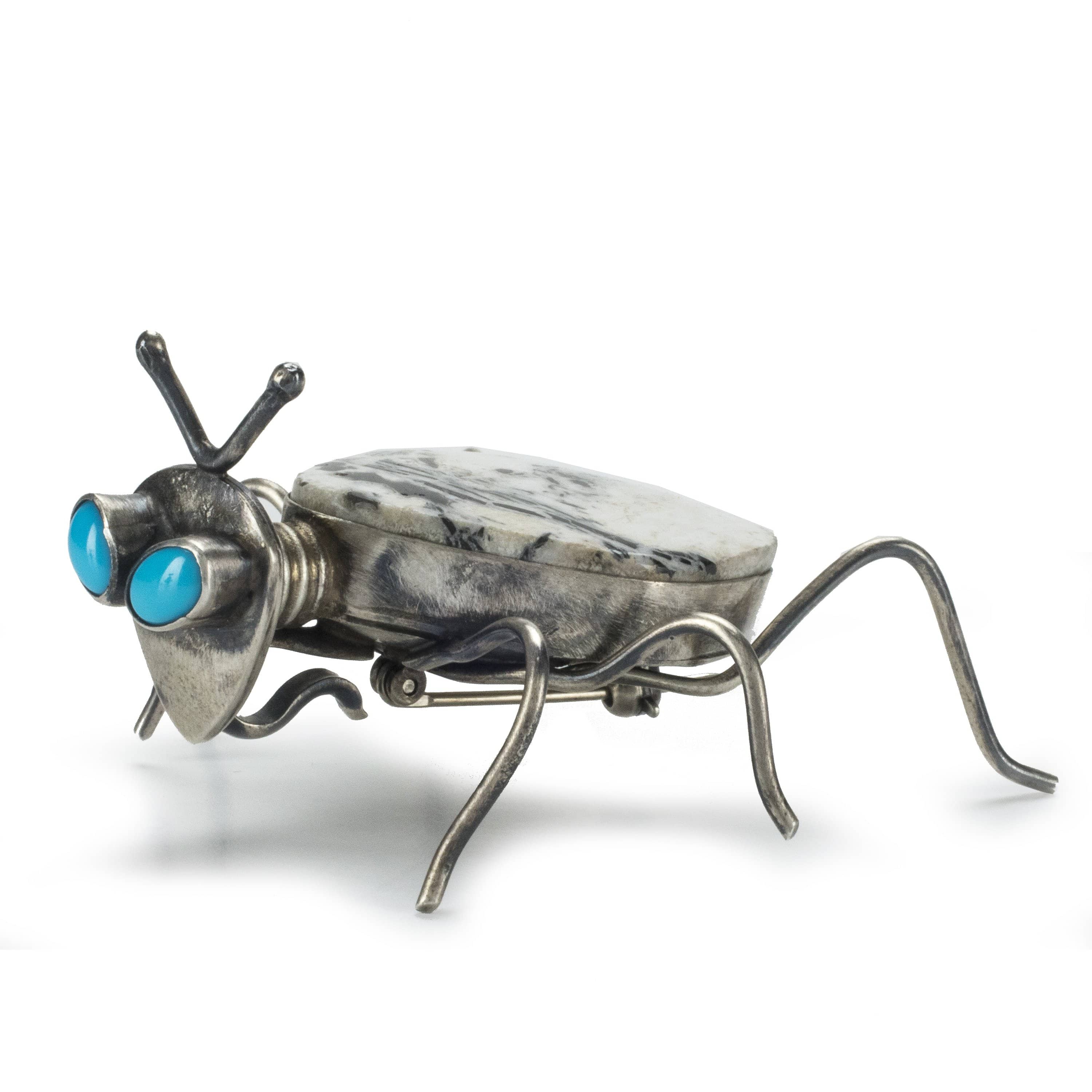 Kalifano Native American Jewelry L. Juan White Buffalo Turquoise with Sleeping Beauty Turquoise USA Native American Made 925 Sterling Silver Spider Pin NAP850.001