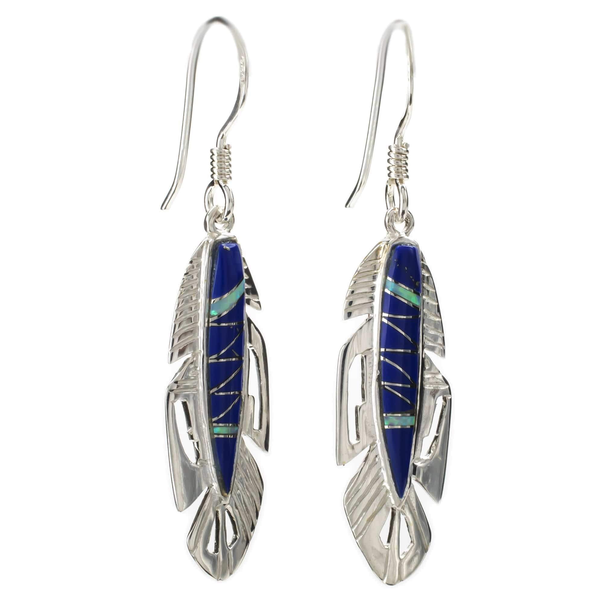 Kalifano Native American Jewelry Lapis Feather 925 Sterling Silver Earring with French Hook USA USA Handmade with Aqua Opal Accent NME.2113.LP