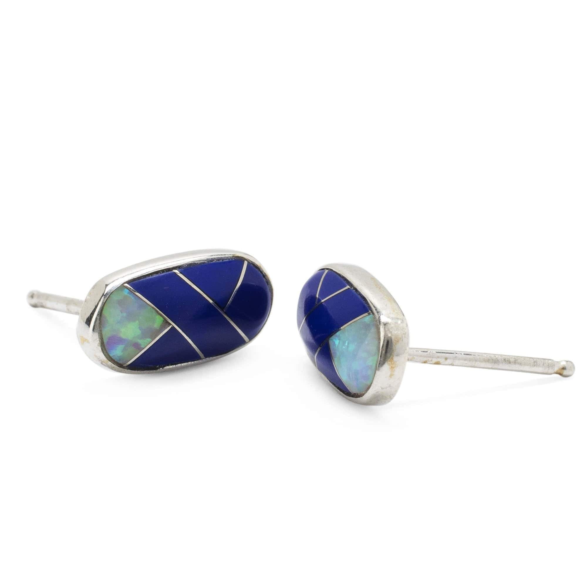 Kalifano Native American Jewelry Lapis Oval 925 Sterling Silver Earring with Stud Backing USA USA Handmade with Opal Accent NME.2238.LP