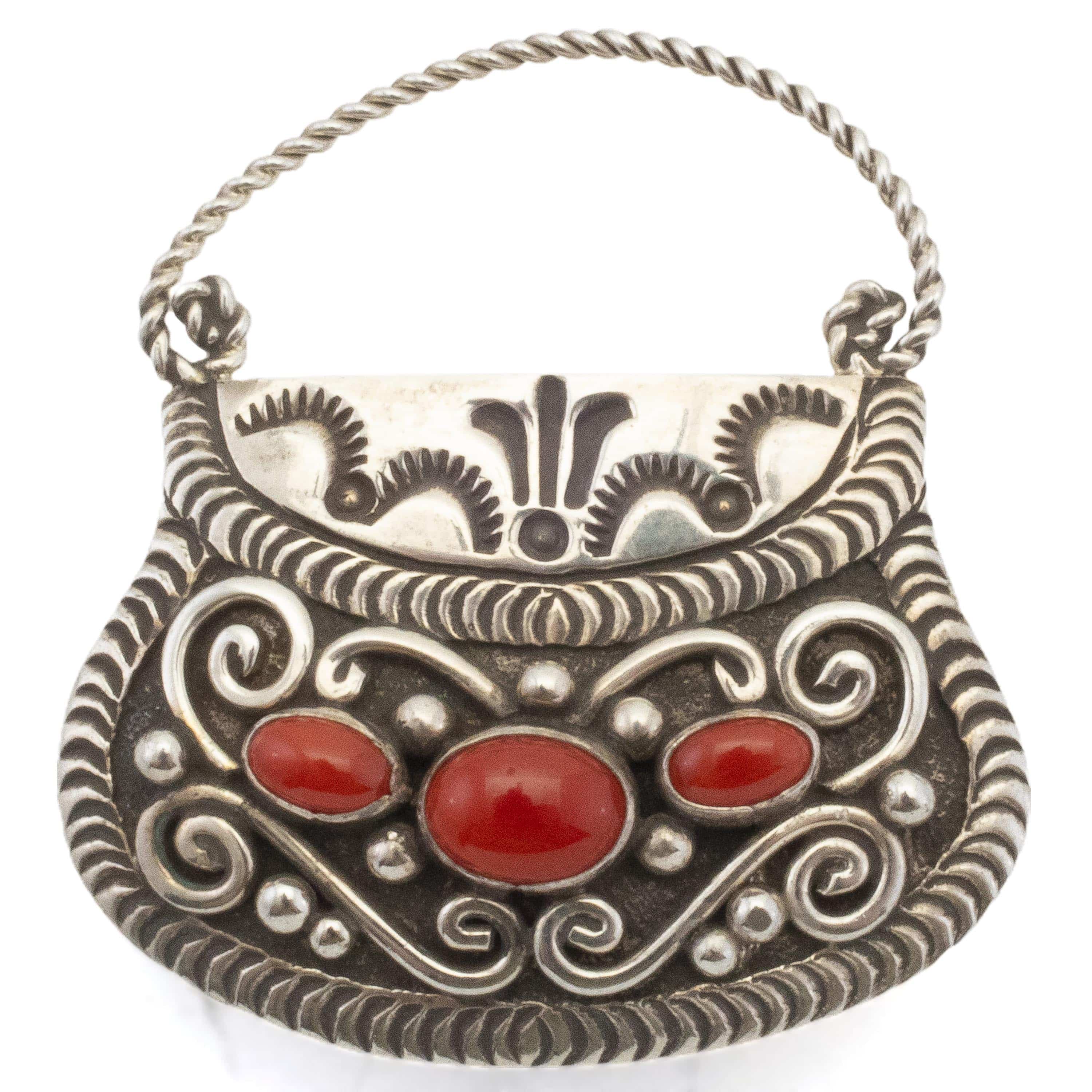 Kalifano Native American Jewelry Lee Charley Navajo Coral USA Native American Made 925 Sterling Silver Purse Pin NAP700.001