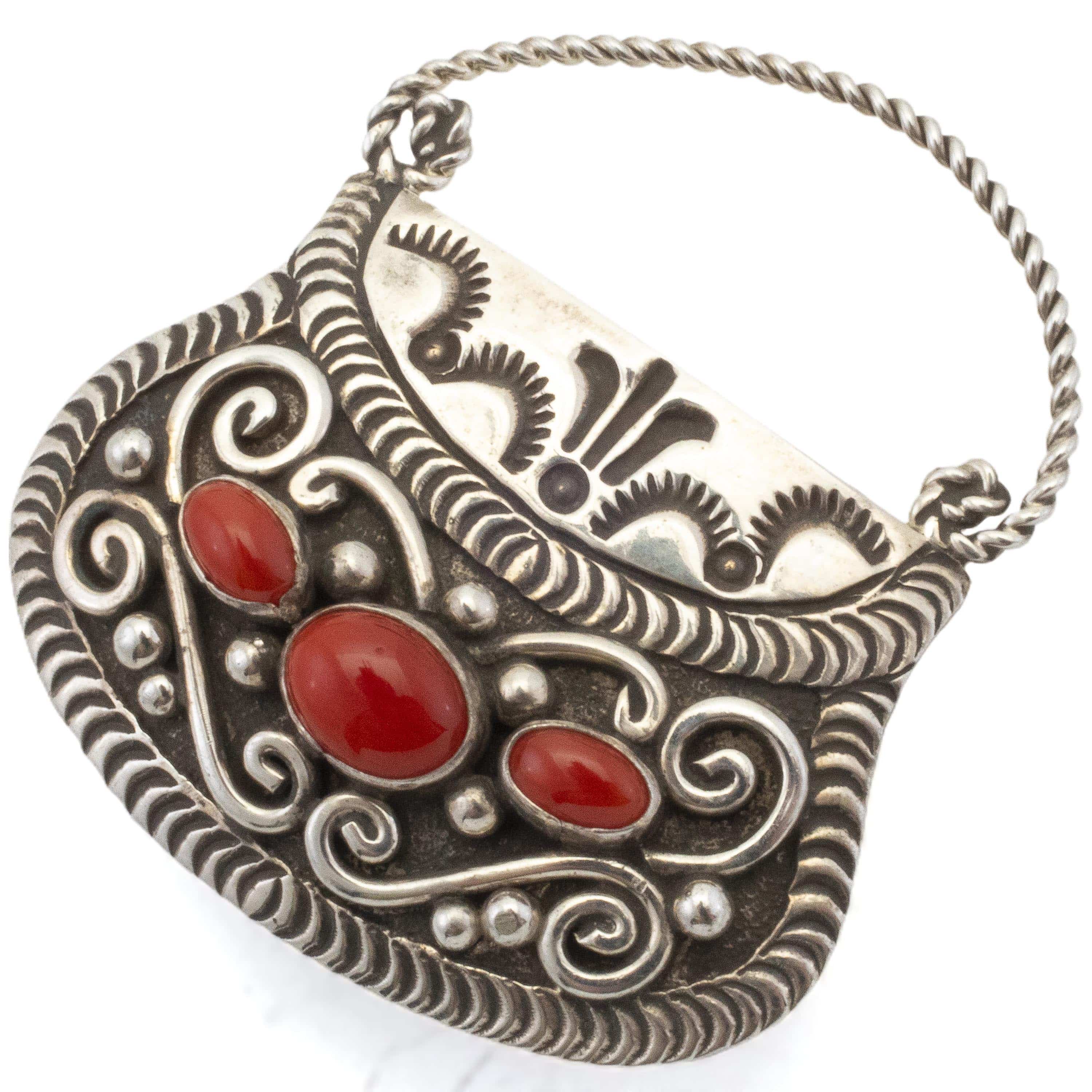 Kalifano Native American Jewelry Lee Charley Navajo Coral USA Native American Made 925 Sterling Silver Purse Pin NAP700.001