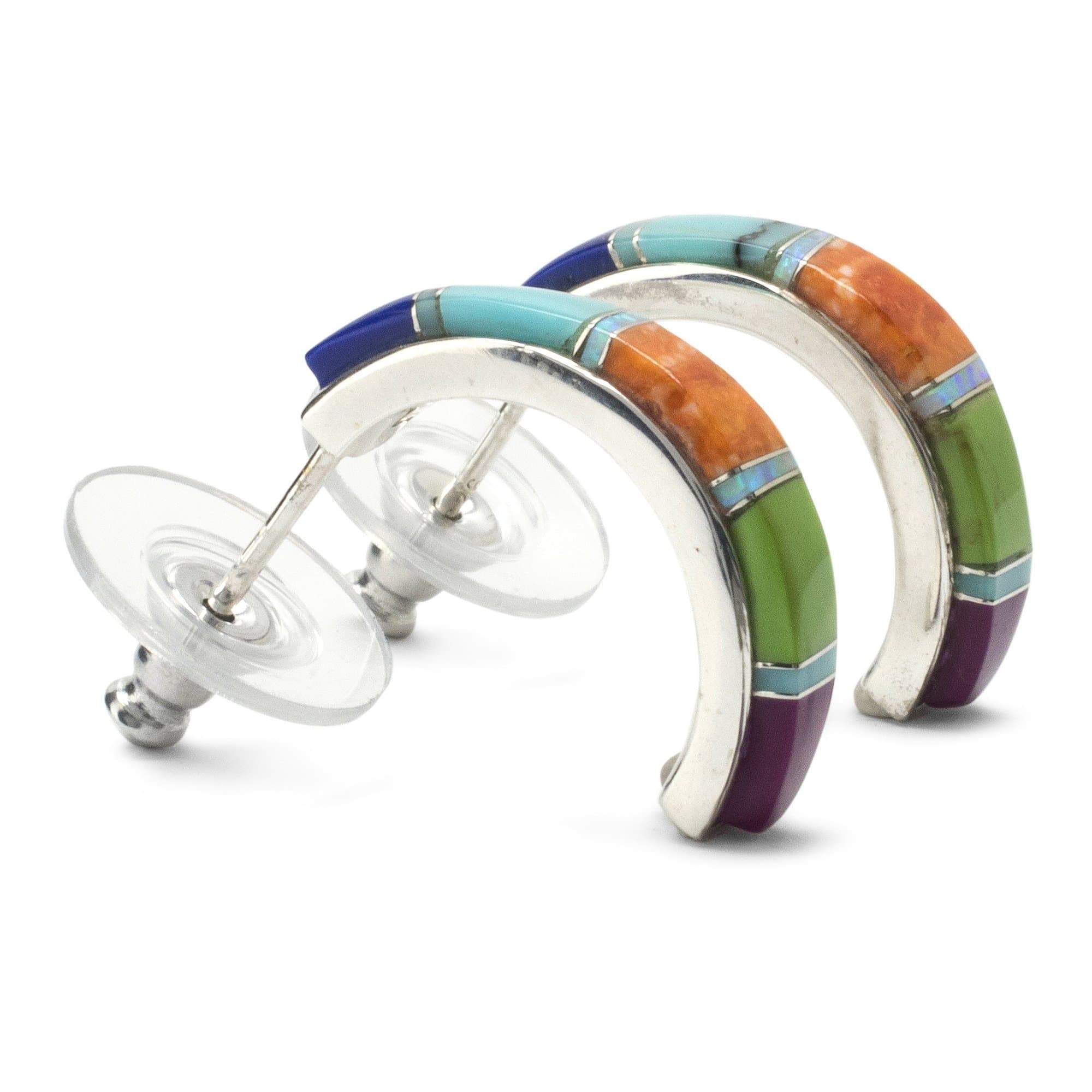 Kalifano Native American Jewelry Multi Gemstone Semi Hoop 925 Sterling Silver Earring USA USA Handmade with Opal Accent NME.0406.MT