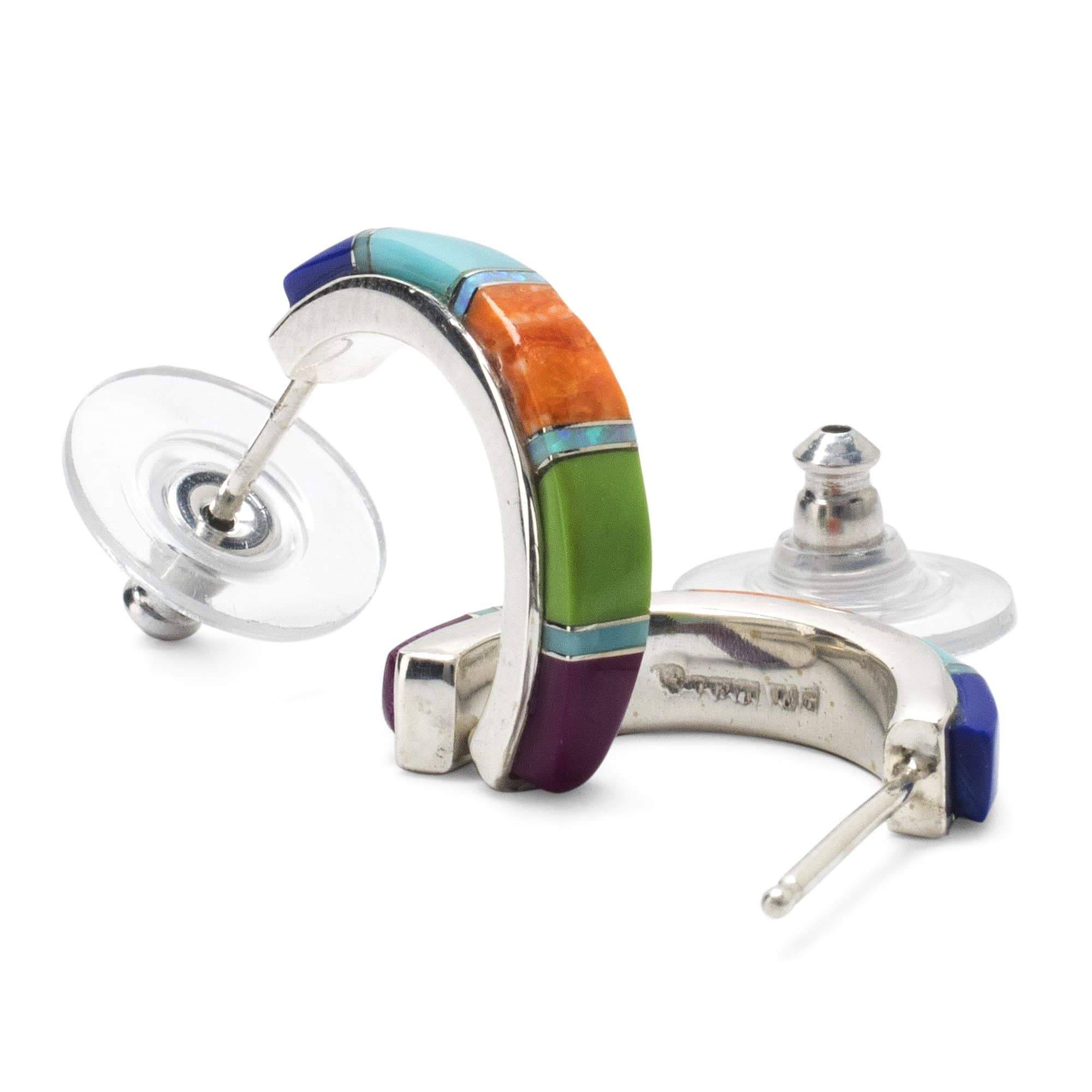 Kalifano Native American Jewelry Multi Gemstone Semi Hoop 925 Sterling Silver Earring USA USA Handmade with Opal Accent NME.0406.MT