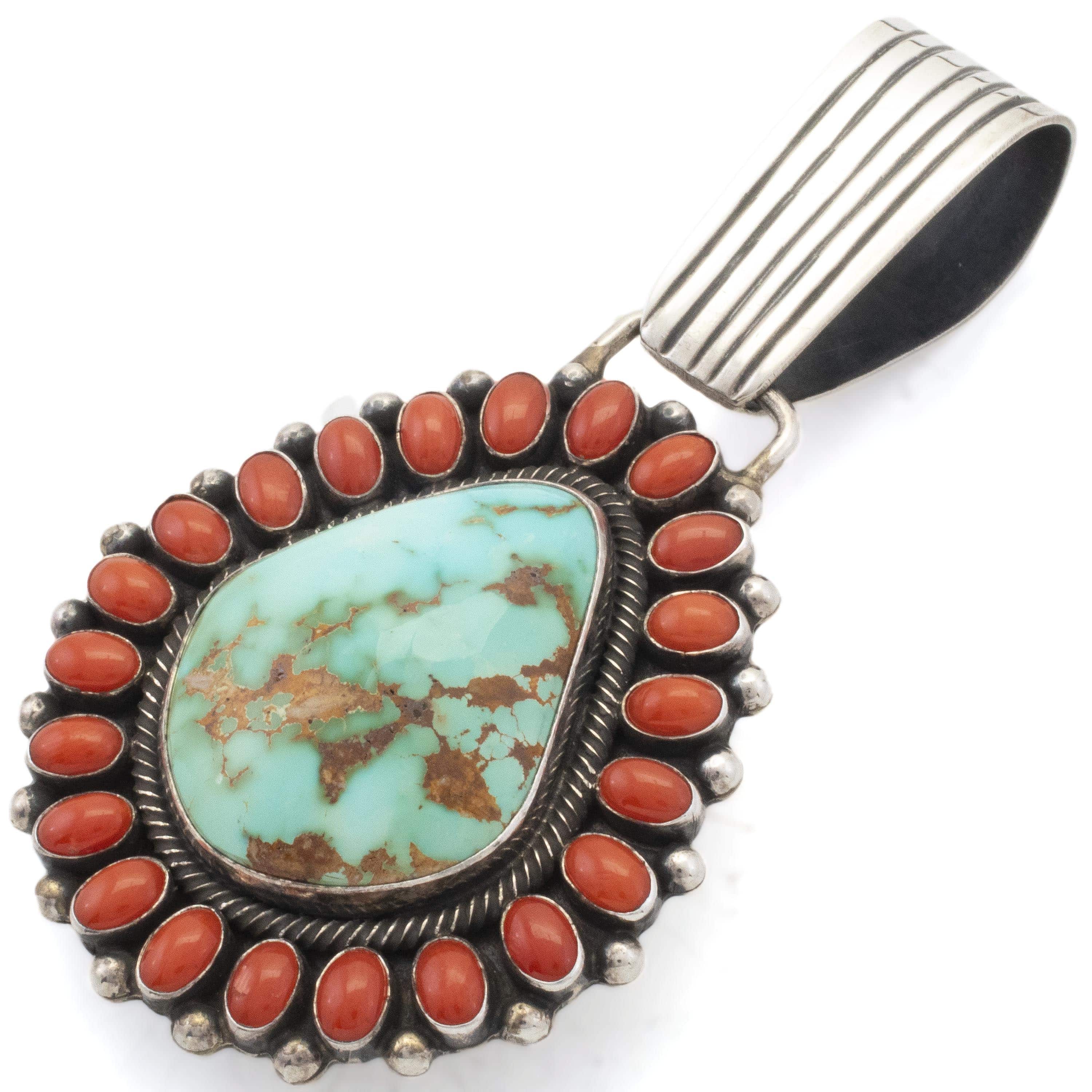 Kalifano Native American Jewelry Raymond Beard Navajo Royston Turquoise and Coral USA Native American Made 925 Sterling Silver Pendant NAN4800.003