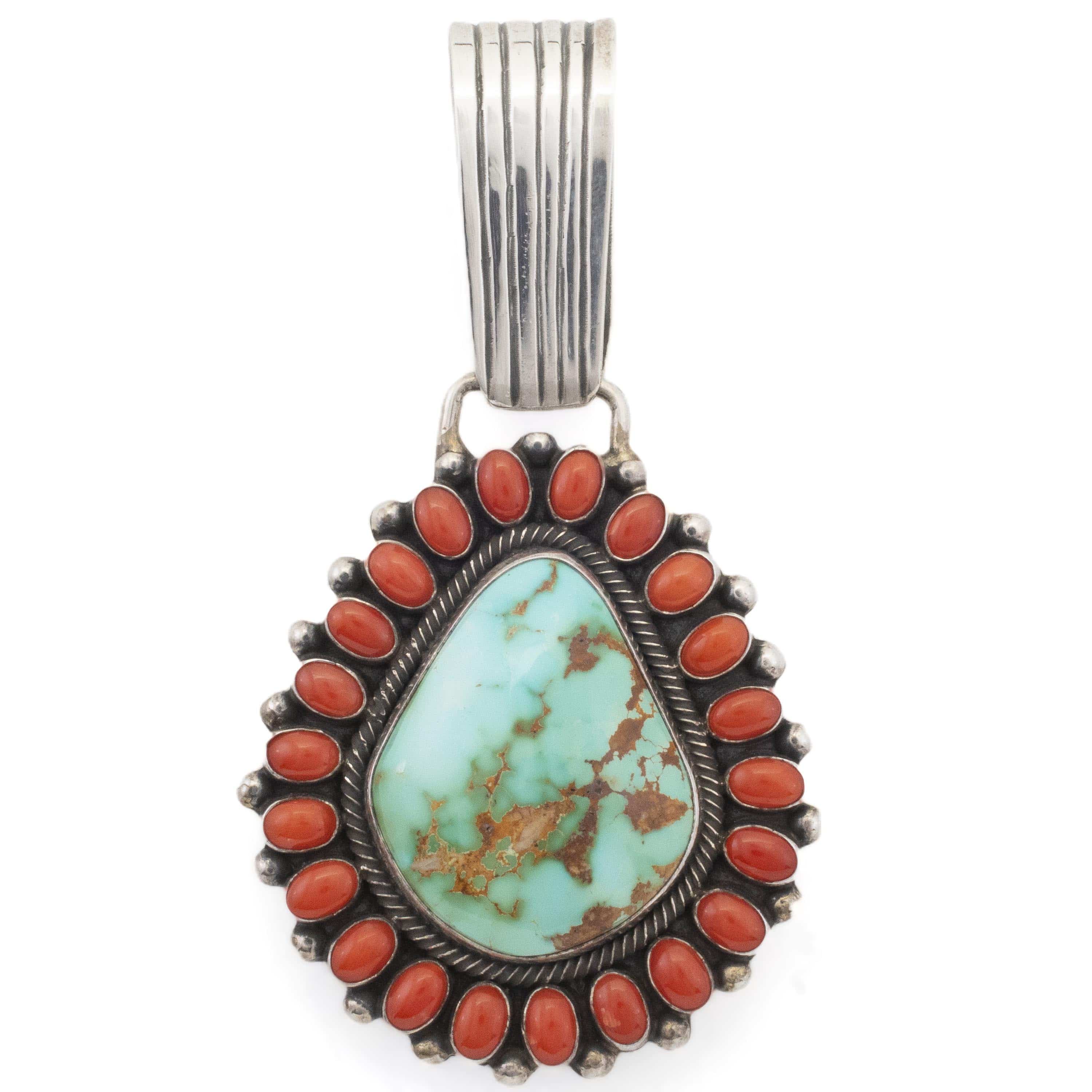 Kalifano Native American Jewelry Raymond Beard Navajo Royston Turquoise and Coral USA Native American Made 925 Sterling Silver Pendant NAN4800.003