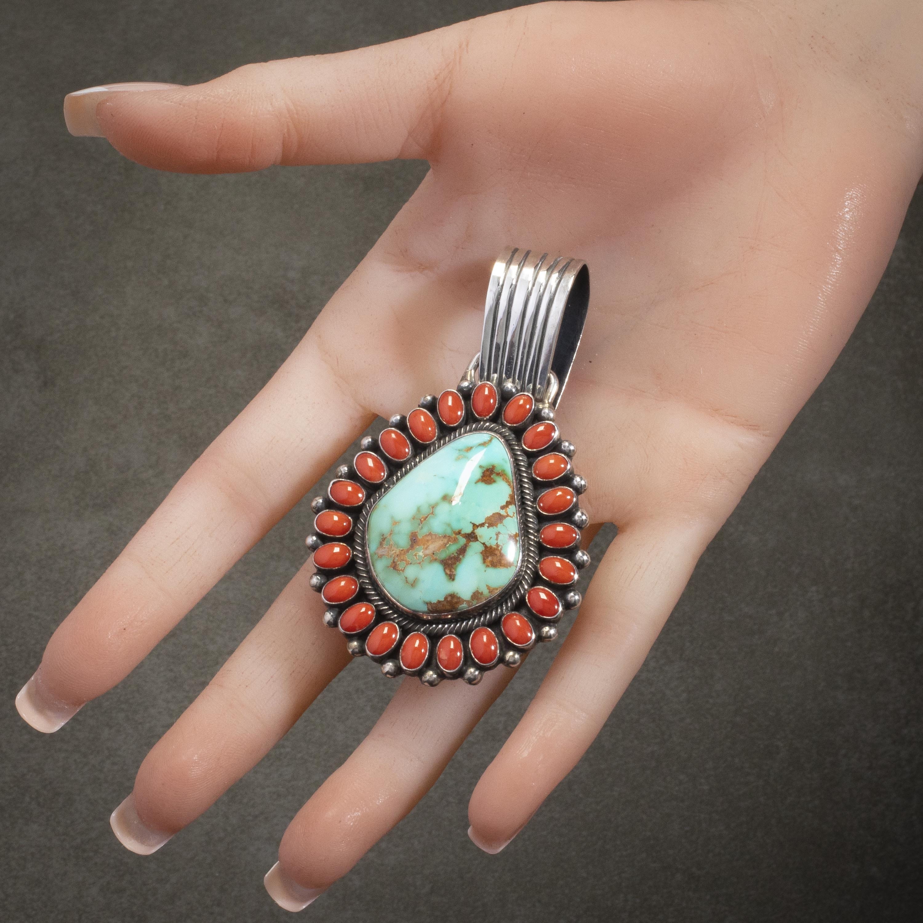 Kalifano Native American Jewelry Raymond Beard Navajo Royston Turquoise and Coral USA Native American Made 925 Sterling Silver Pendant NAN4800.003