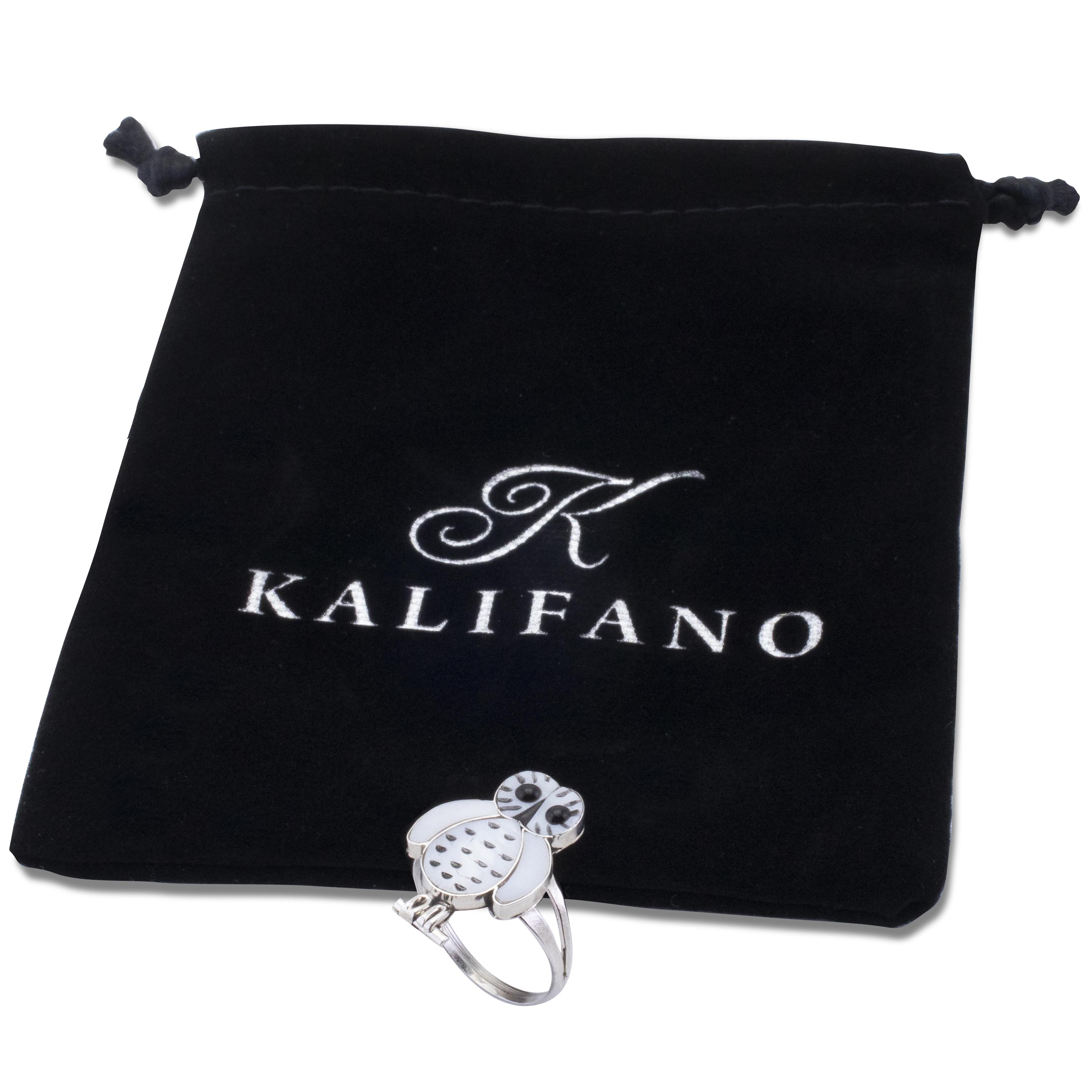 Kalifano Native American Jewelry Regina Kallestewa Zuni Mother of Pearl and Black Jet Owl USA Native American Made 925 Sterling Silver Ring