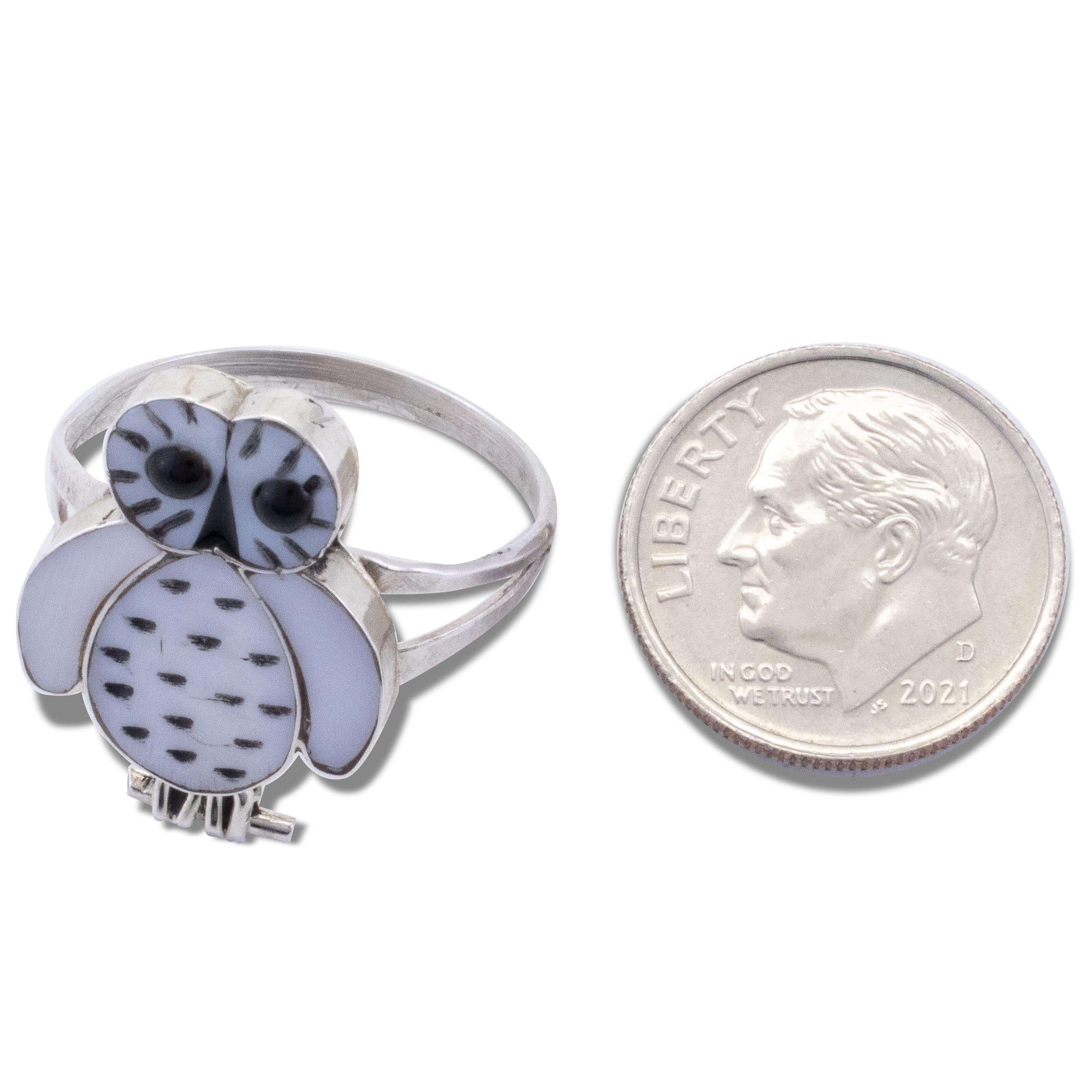 Kalifano Native American Jewelry Regina Kallestewa Zuni Mother of Pearl and Black Jet Owl USA Native American Made 925 Sterling Silver Ring