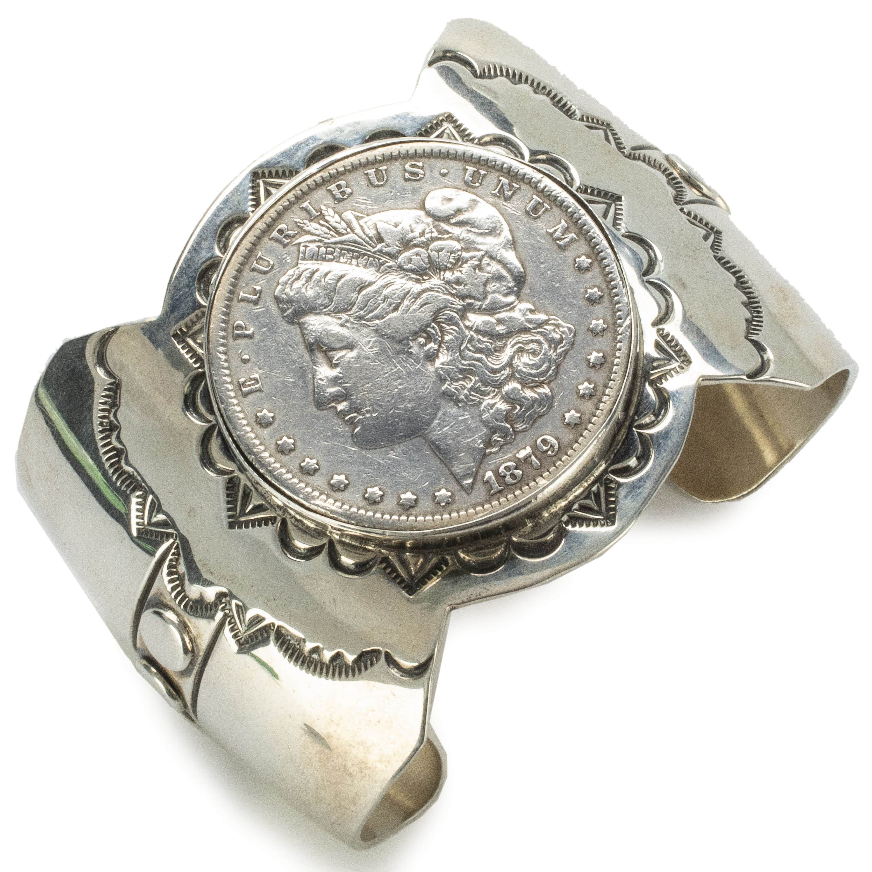 Kalifano Native American Jewelry Ronald Tom Navajo Coin USA Native American Made 925 Sterling Silver Cuff NAB2900.008