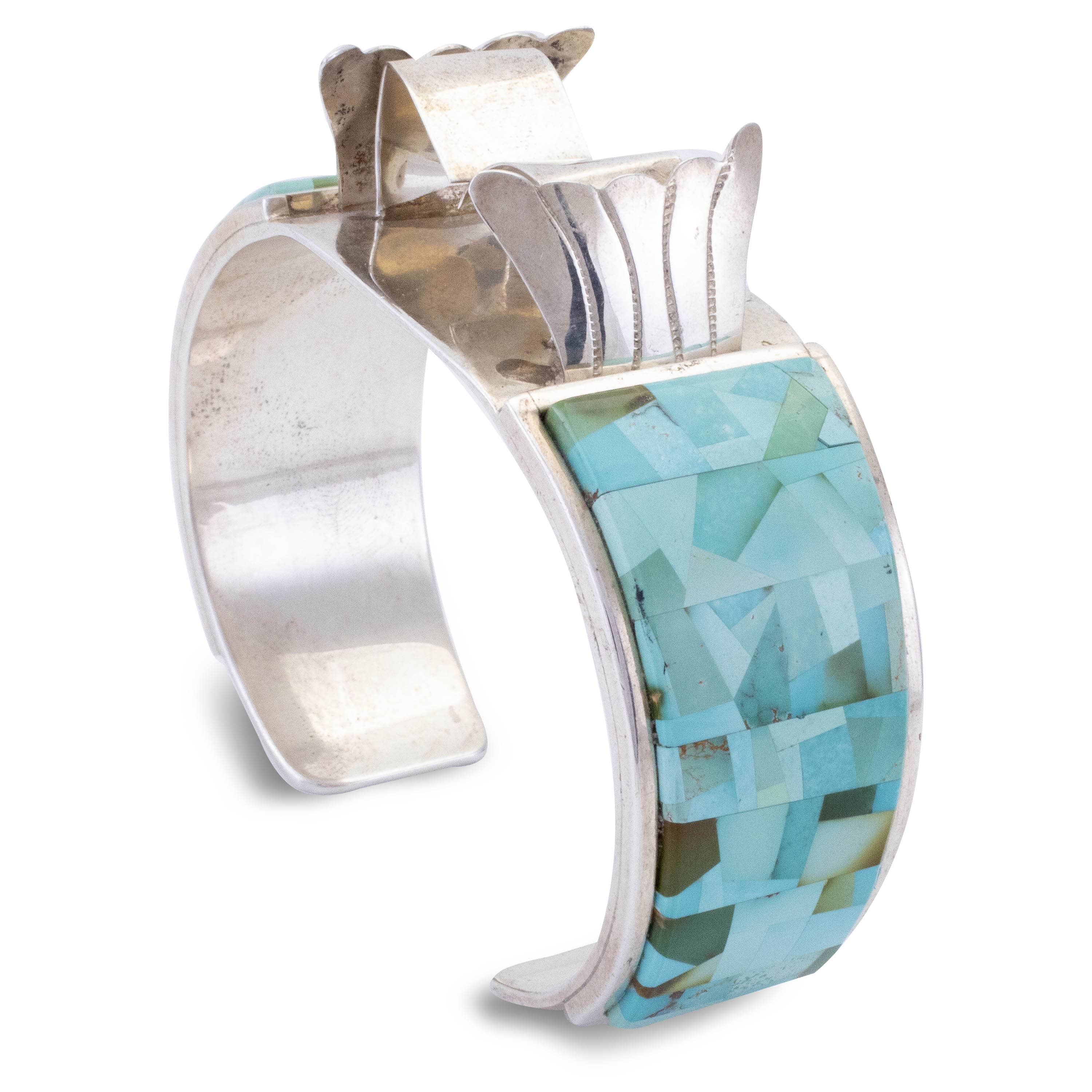 Kalifano Native American Jewelry Royston Turquoise Inlay by Calvin Desson with Silverwork by Ronald Tom USA Native American Made 925 Sterling Silver Cuff NAB4800.001