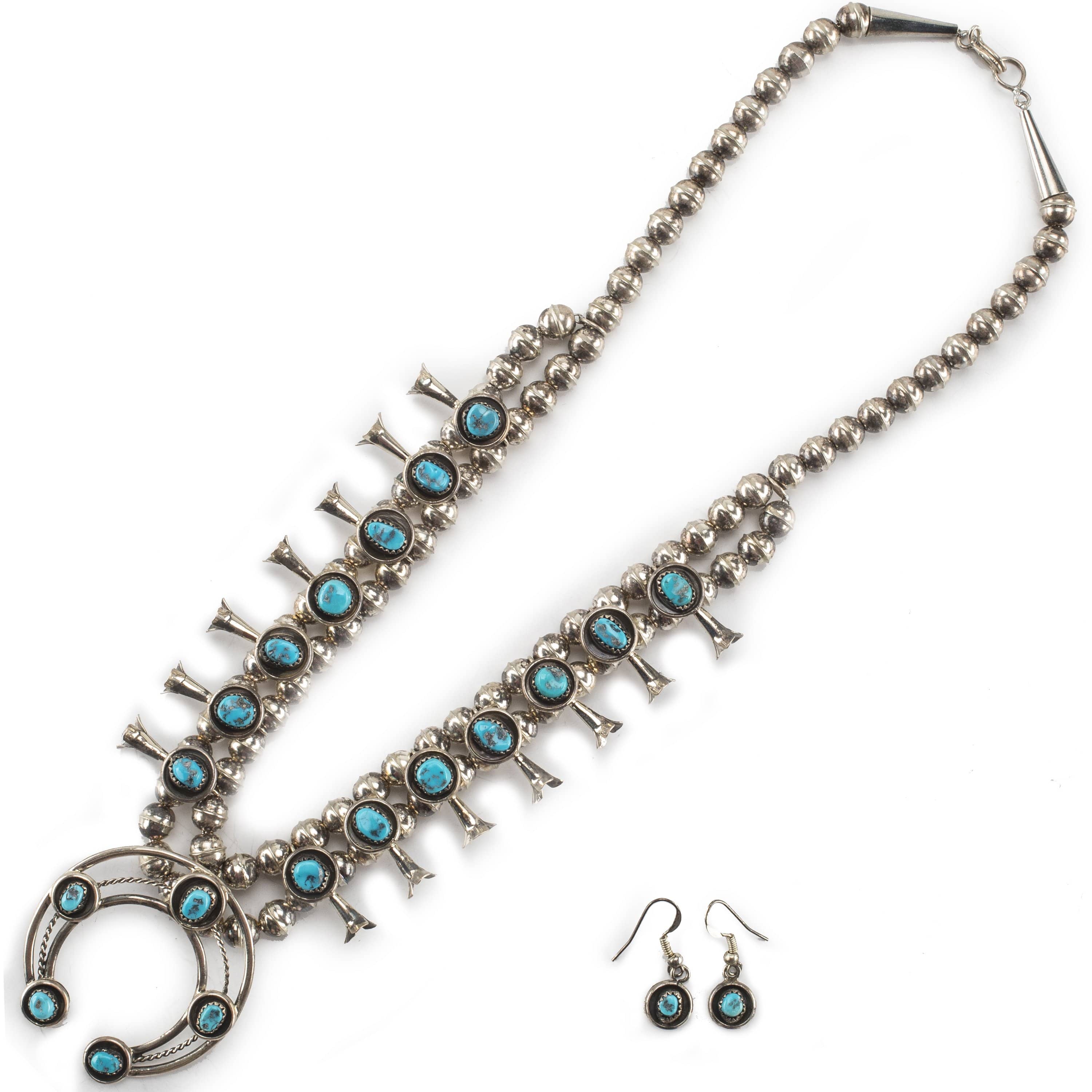 Kalifano Native American Jewelry Sleeping Beauty Turquoise Navajo Squash Blossom USA Native American Made 925 Sterling Silver Necklace and Earring w/ French Hook Set NAN2000.001