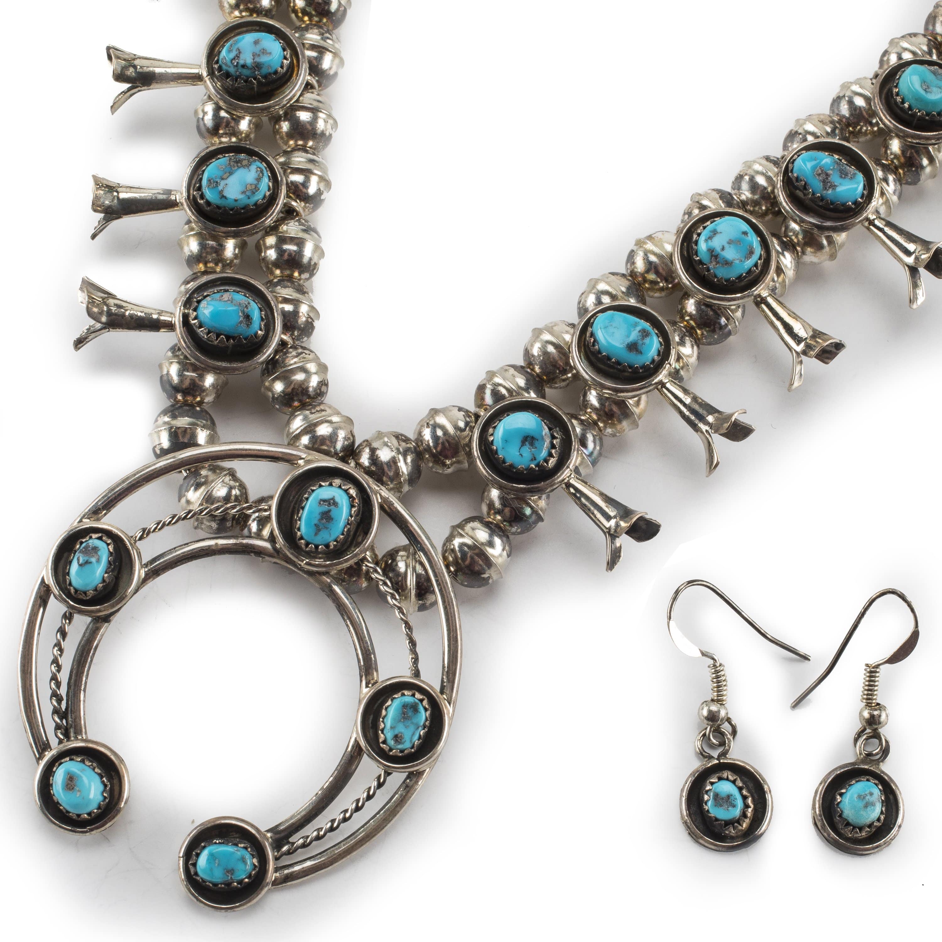 Kalifano Native American Jewelry Sleeping Beauty Turquoise Navajo Squash Blossom USA Native American Made 925 Sterling Silver Necklace and Earring w/ French Hook Set NAN2000.001