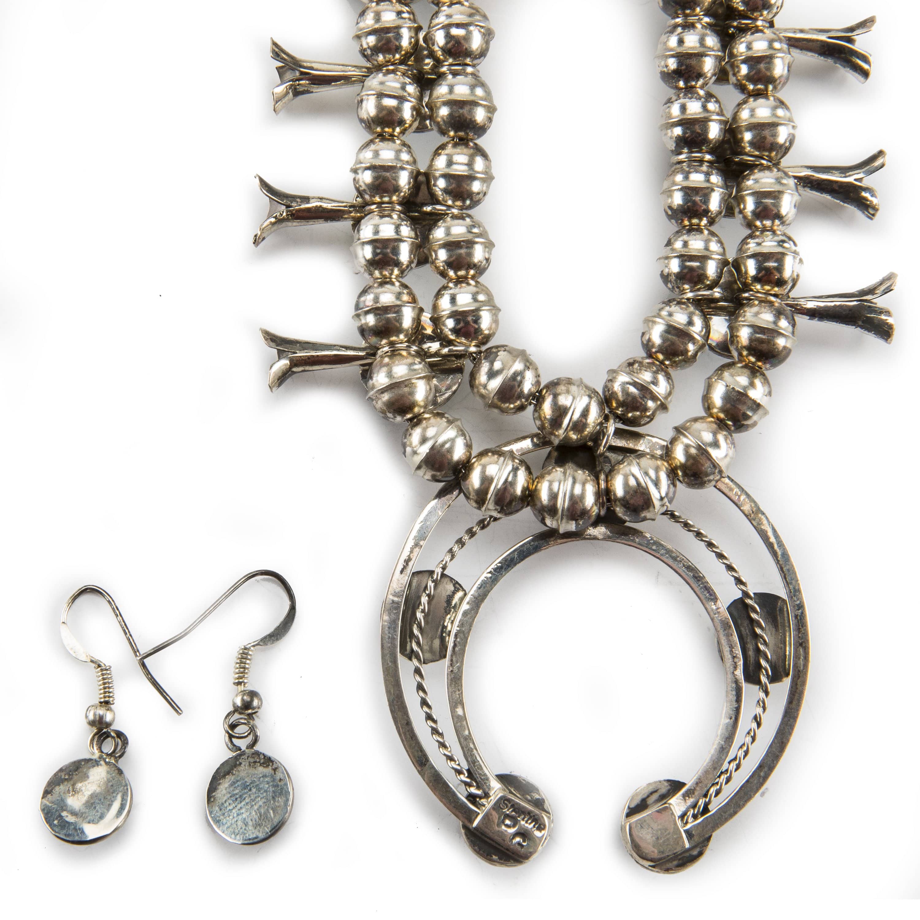 Kalifano Native American Jewelry Sleeping Beauty Turquoise Navajo Squash Blossom USA Native American Made 925 Sterling Silver Necklace and Earring w/ French Hook Set NAN2000.001