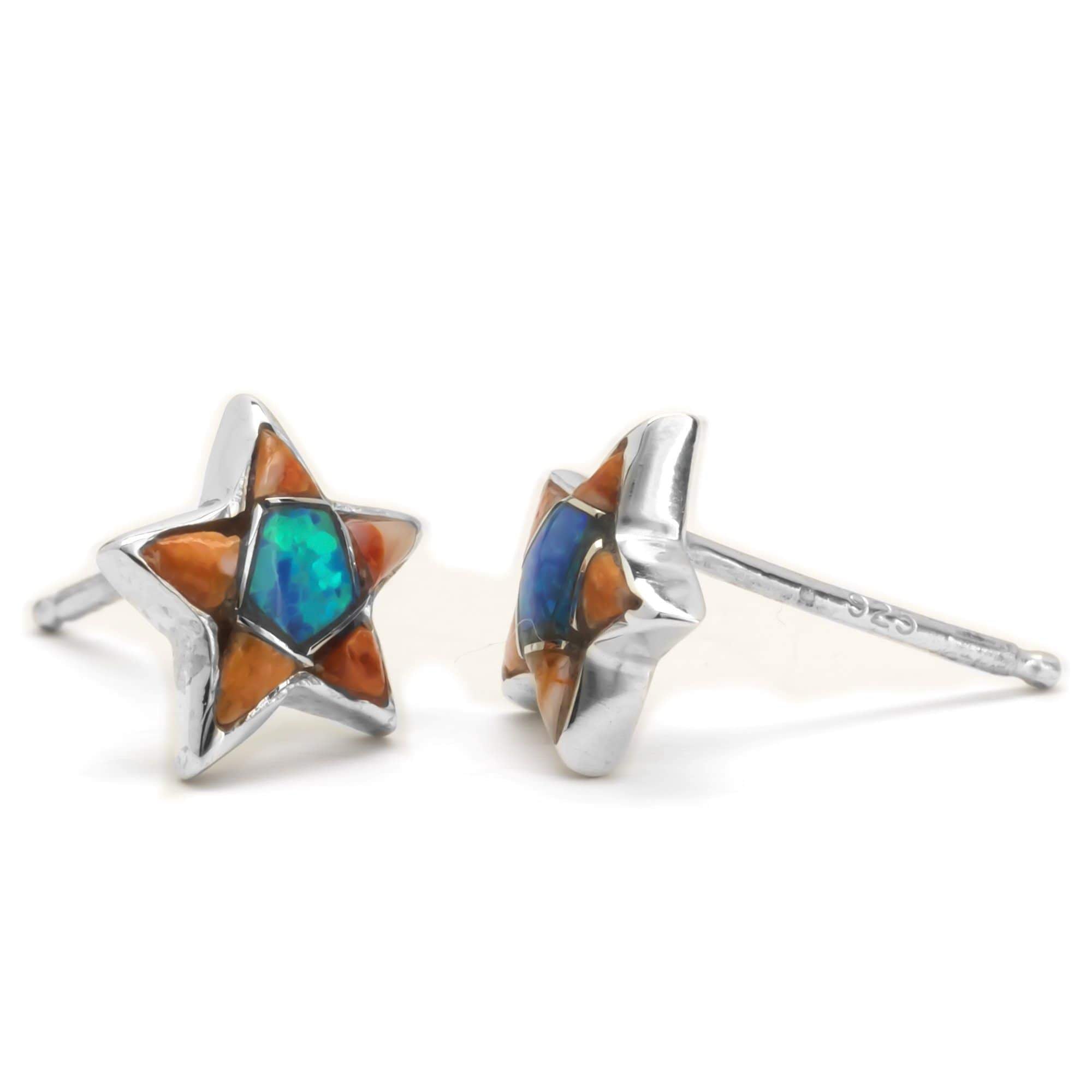 Kalifano Native American Jewelry Spiny Oyster Shell Star 925 Sterling Silver Earring with Stud Backing USA USA Handmade with Opal Accent NME.2243.SP