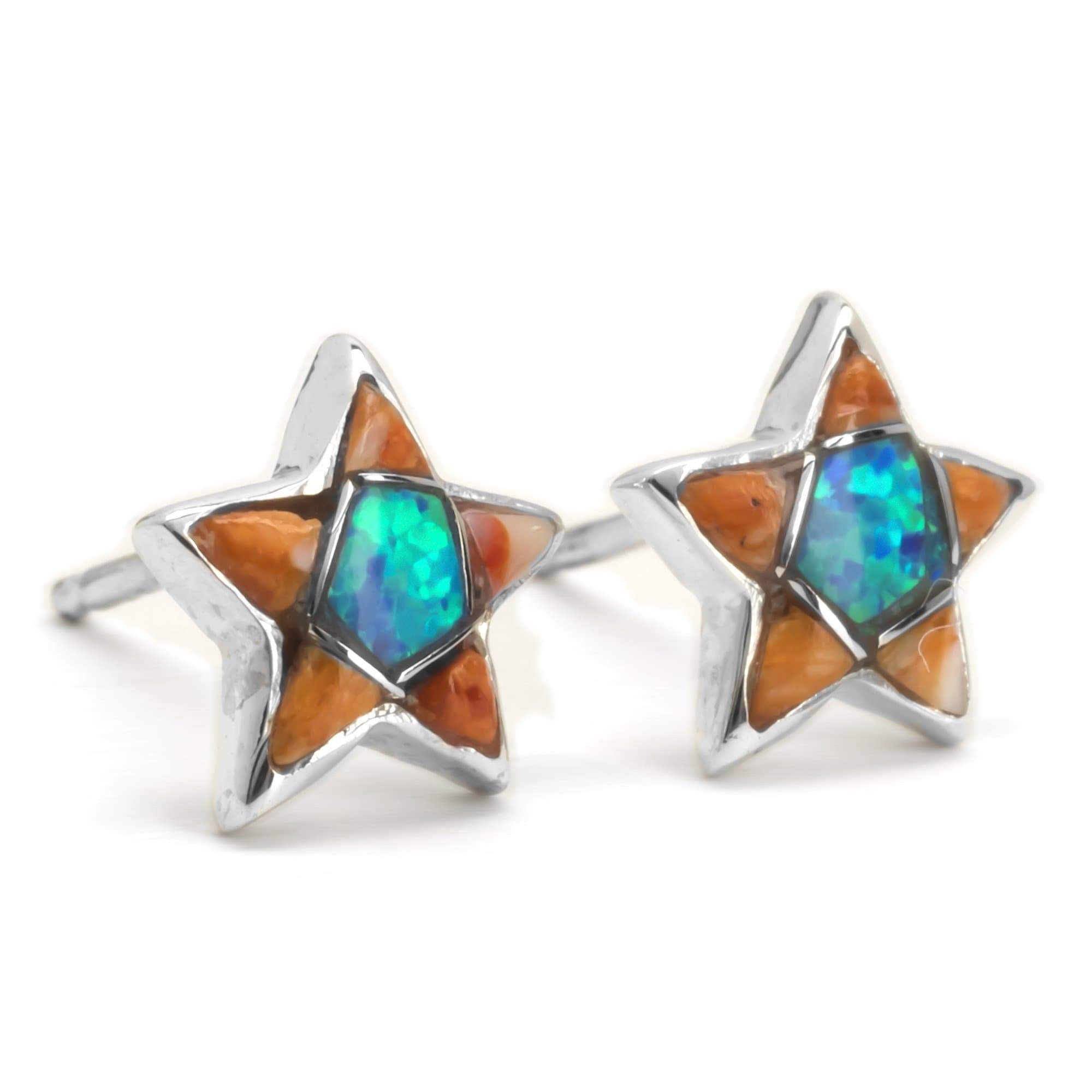 Kalifano Native American Jewelry Spiny Oyster Shell Star 925 Sterling Silver Earring with Stud Backing USA USA Handmade with Opal Accent NME.2243.SP