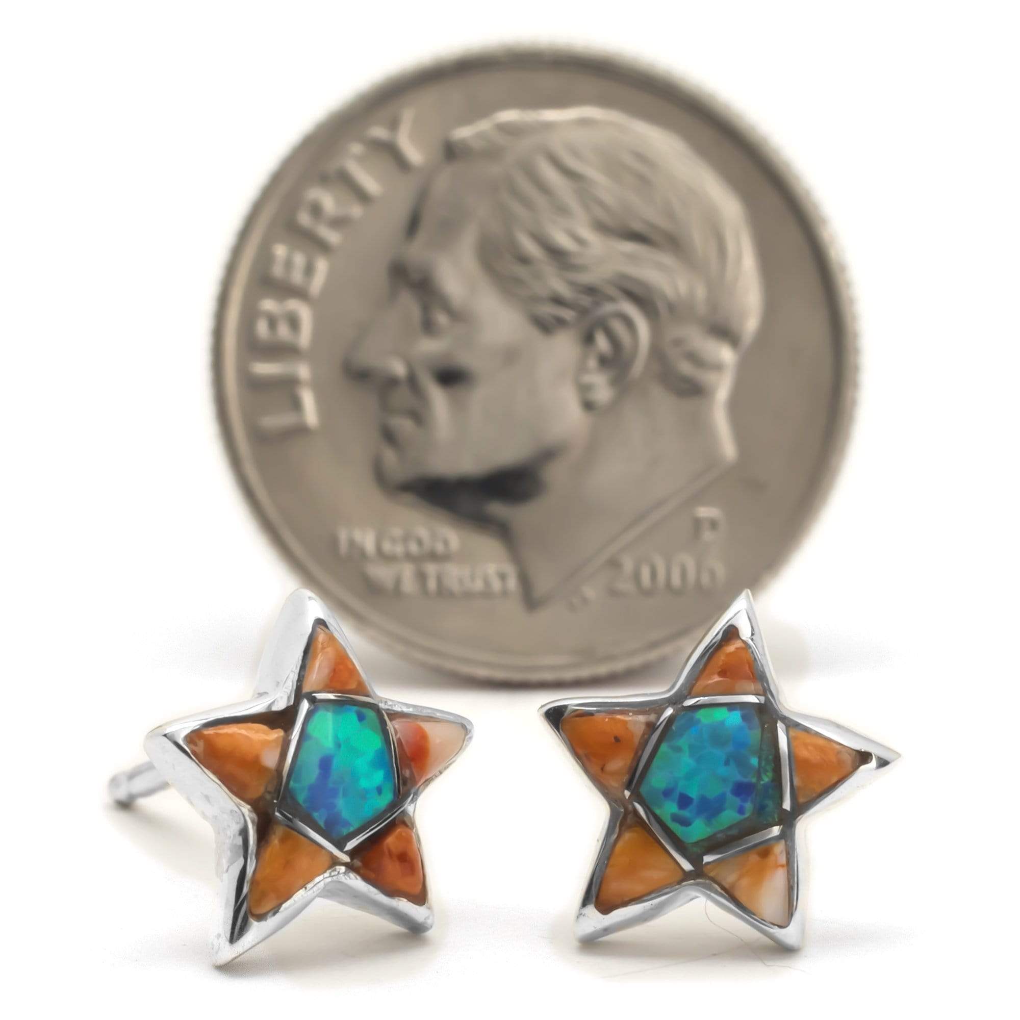 Kalifano Native American Jewelry Spiny Oyster Shell Star 925 Sterling Silver Earring with Stud Backing USA USA Handmade with Opal Accent NME.2243.SP