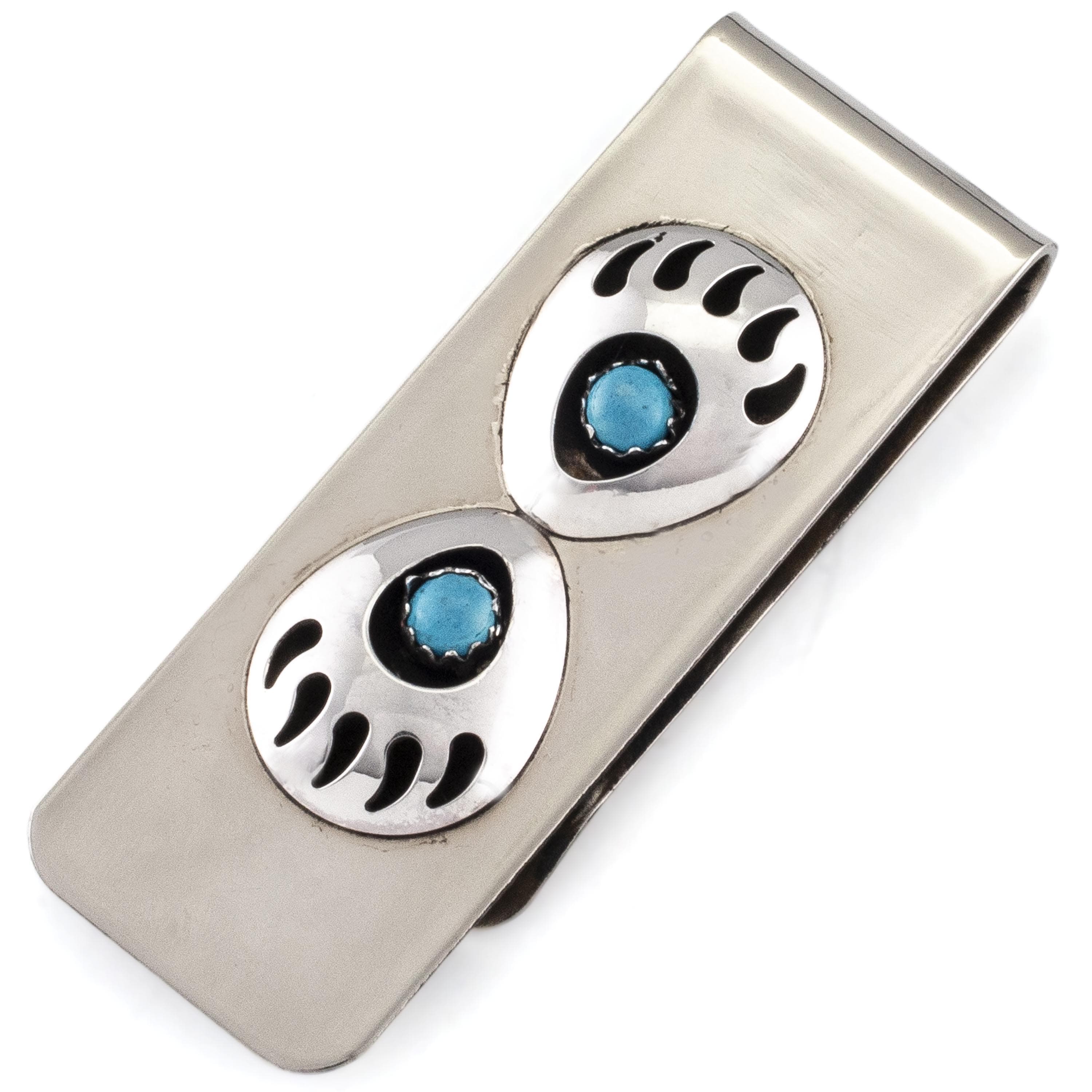 Kalifano Native American Jewelry Virginia Long Double Bear Paw wih Turquoise Inlay USA Native American Made 925 Sterling Silver Money Clip NAM90.003