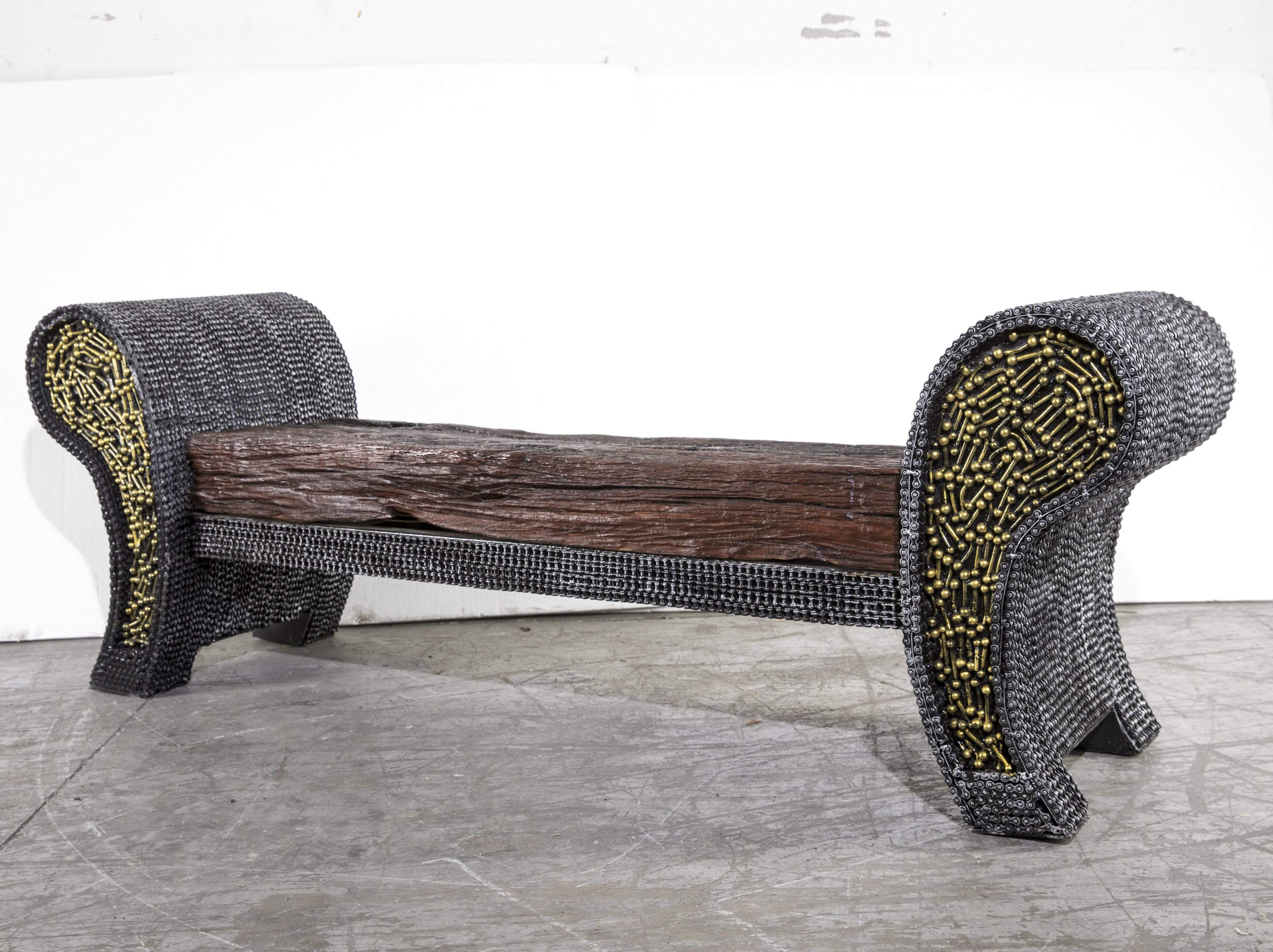 Petrified Wood Chain Bench Recycled Metal Art back view