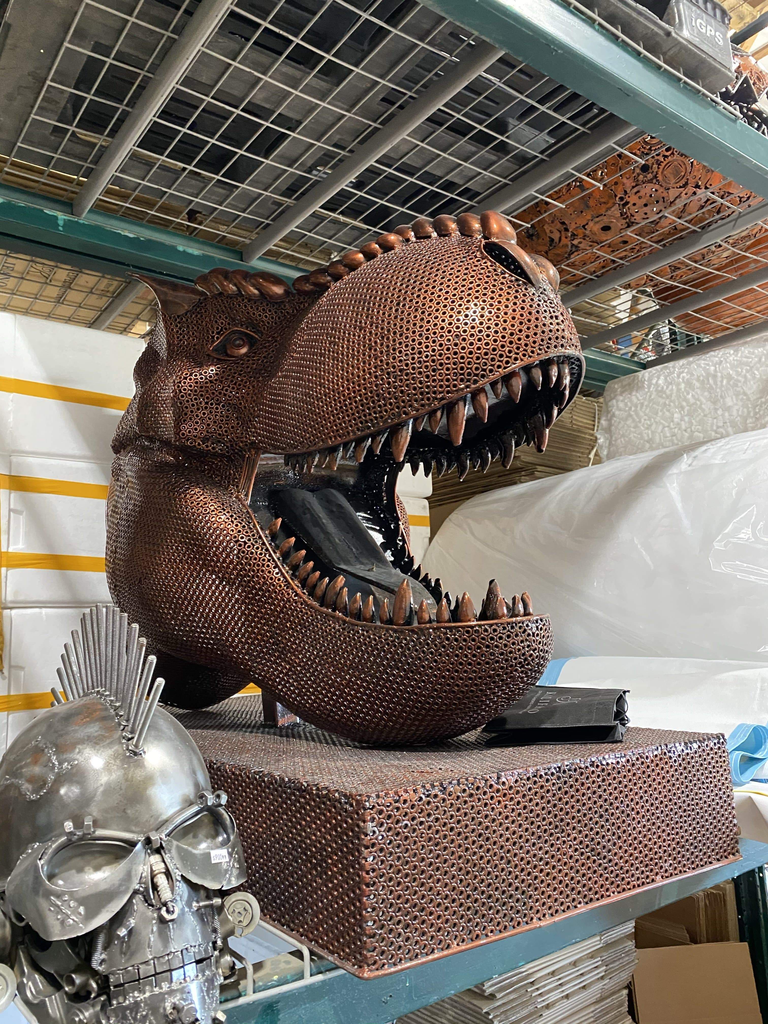 Kalifano Recycled Metal Art T-Rex Nut Head and Base Inspired Recycled Metal Sculpture Original, One-of-a-Kind Work of Art RMS-TREX-P