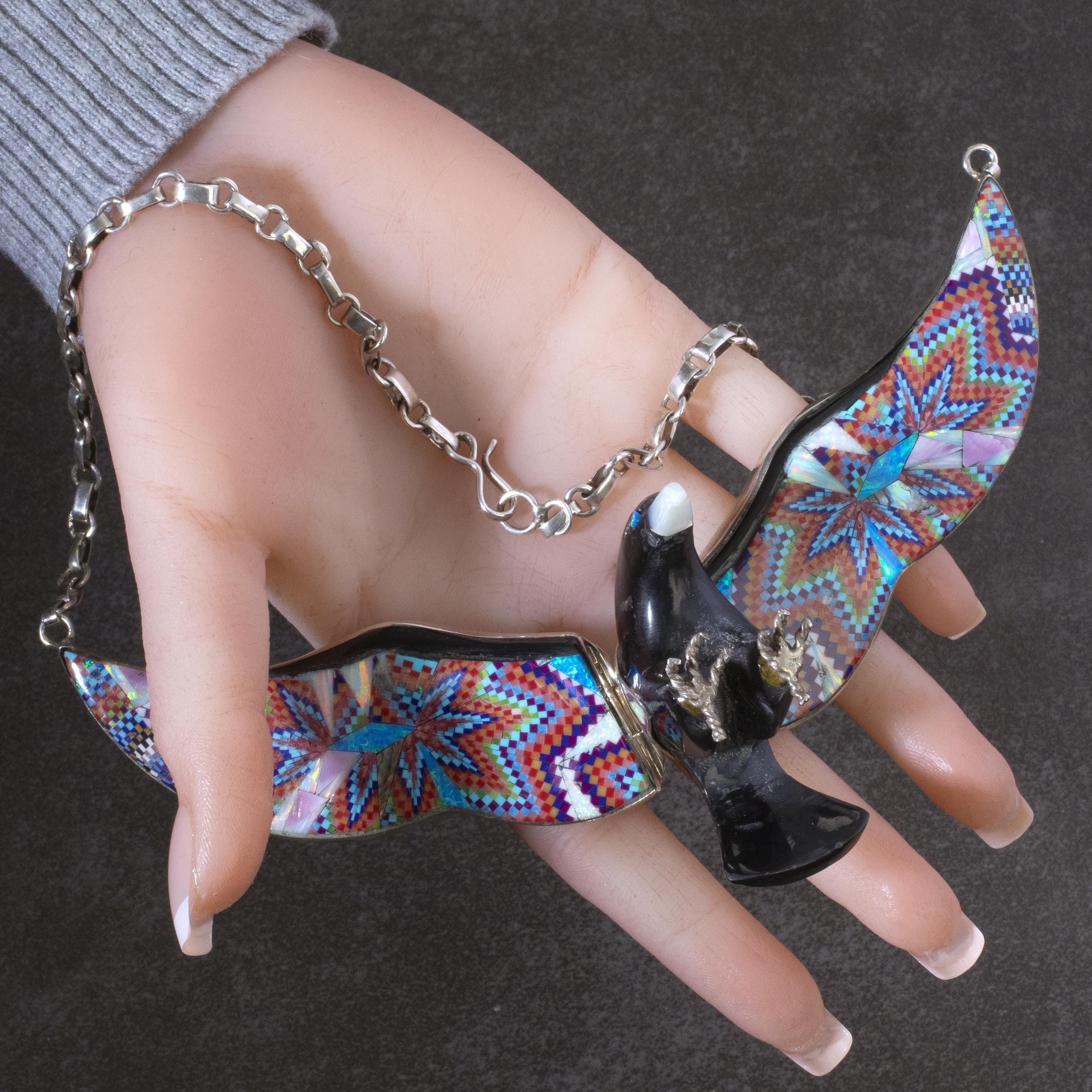 KALIFANO Southwest Silver Jewelry Black Jet Eagle with Multi Gem Opal Micro Inlay Wings Handmade 925 Sterling Silver Necklace AKN2400.001