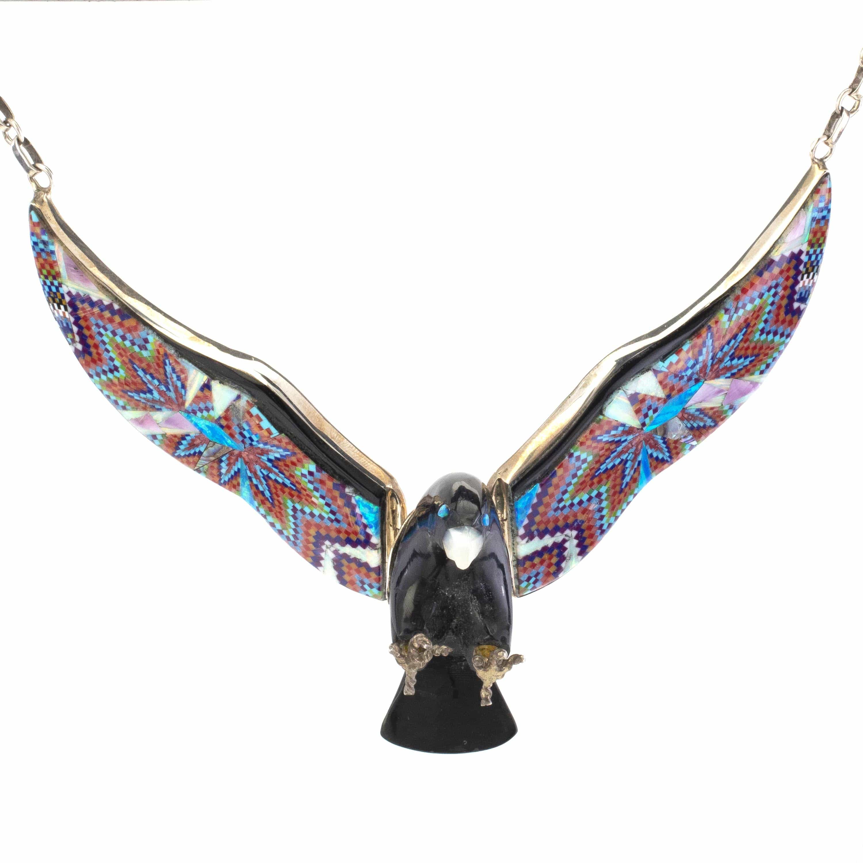 KALIFANO Southwest Silver Jewelry Black Jet Eagle with Multi Gem Opal Micro Inlay Wings Handmade 925 Sterling Silver Necklace AKN2400.001