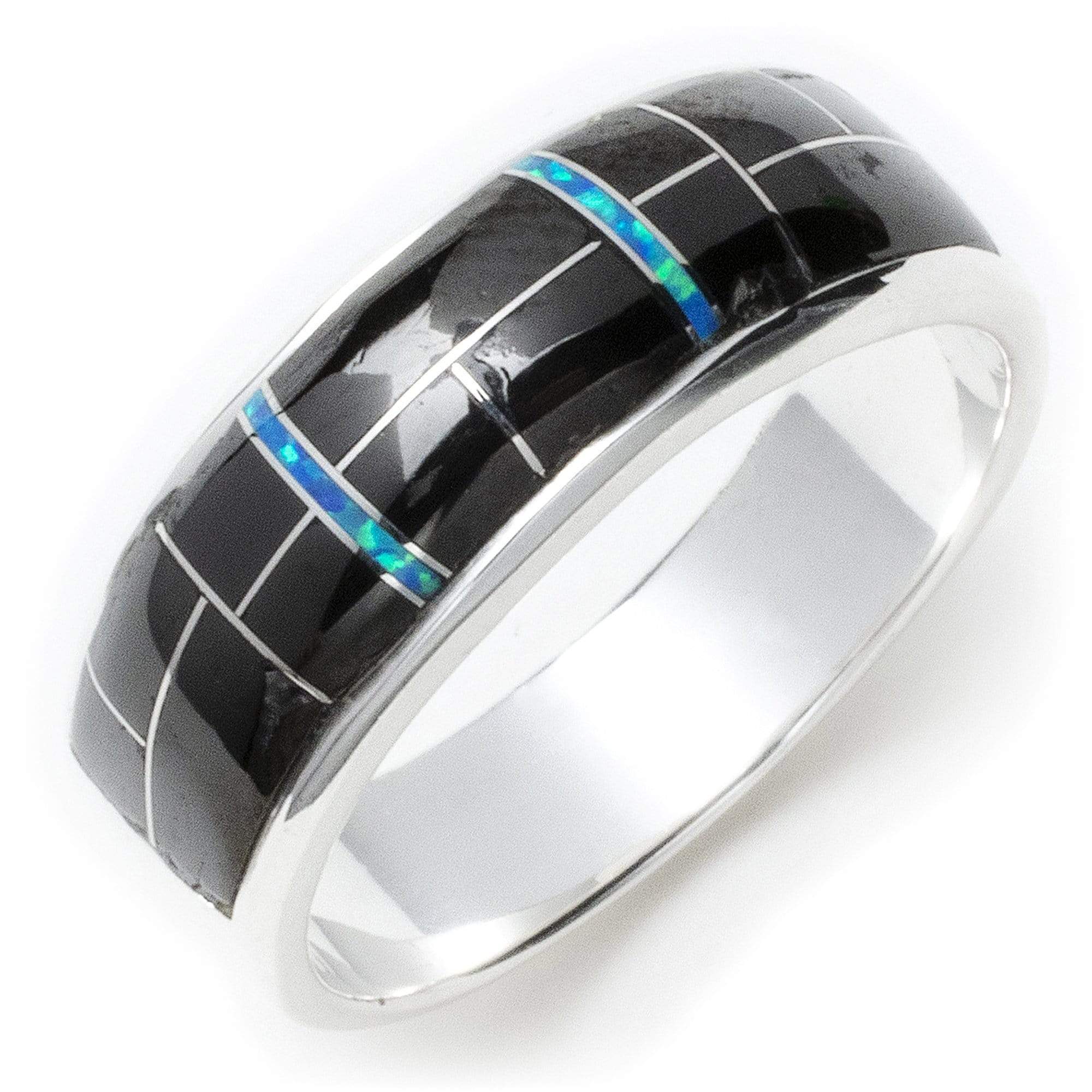 Kalifano Southwest Silver Jewelry Black Onyx 925 Sterling Silver Ring USA Handmade with Labratory Opal Accent