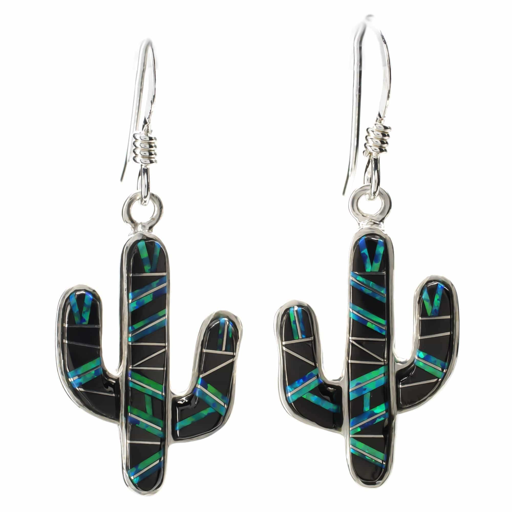 Kalifano Southwest Silver Jewelry Black Onyx Cactus 925 Sterling Silver Earring with French Hook USA Handmade with Aqua Opal Accent NME.0602.BO