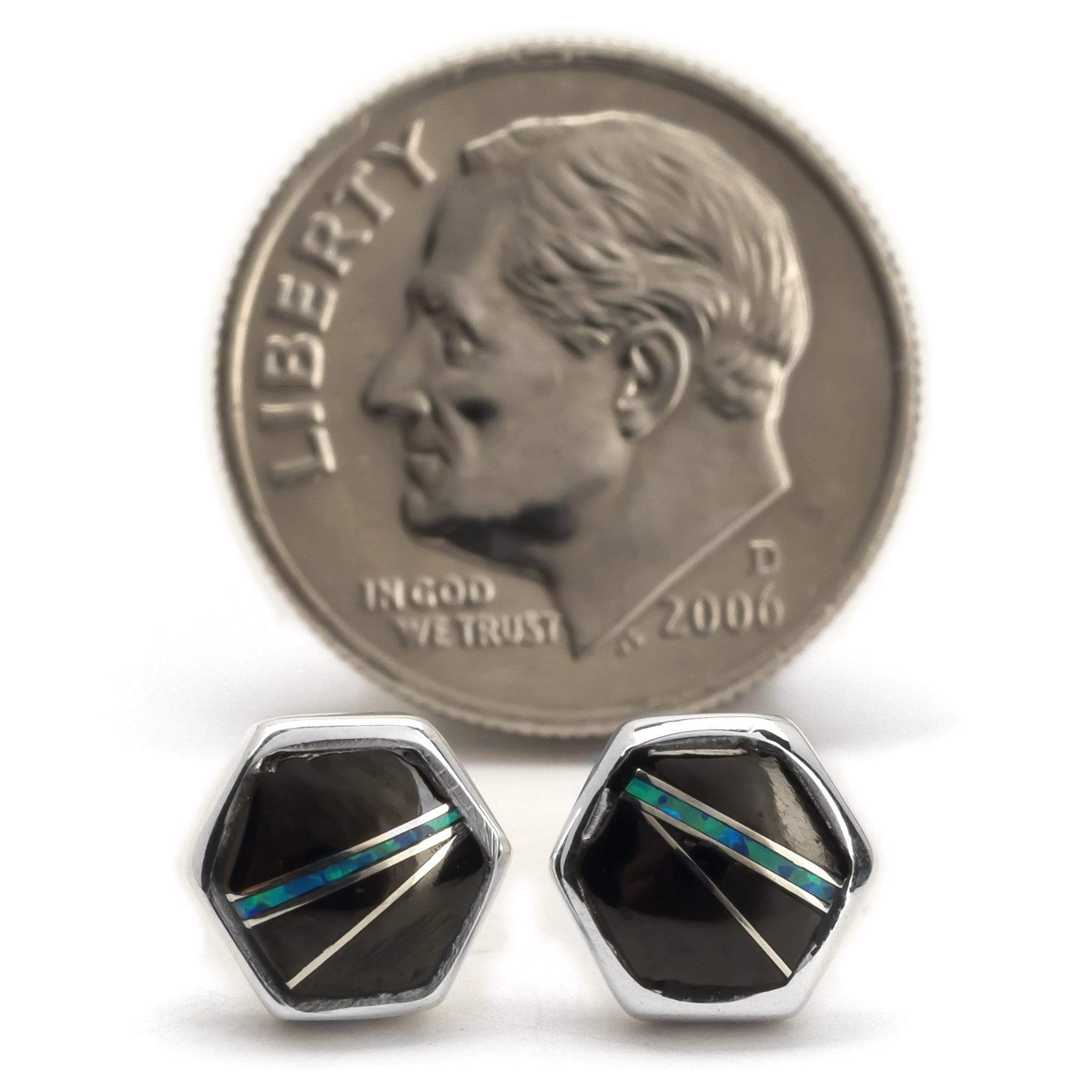 Kalifano Southwest Silver Jewelry Black Onyx Hexagon 925 Sterling Silver Earring with Stud Backing USA Handmade with Aqua Opal Accent NME.0645.BO