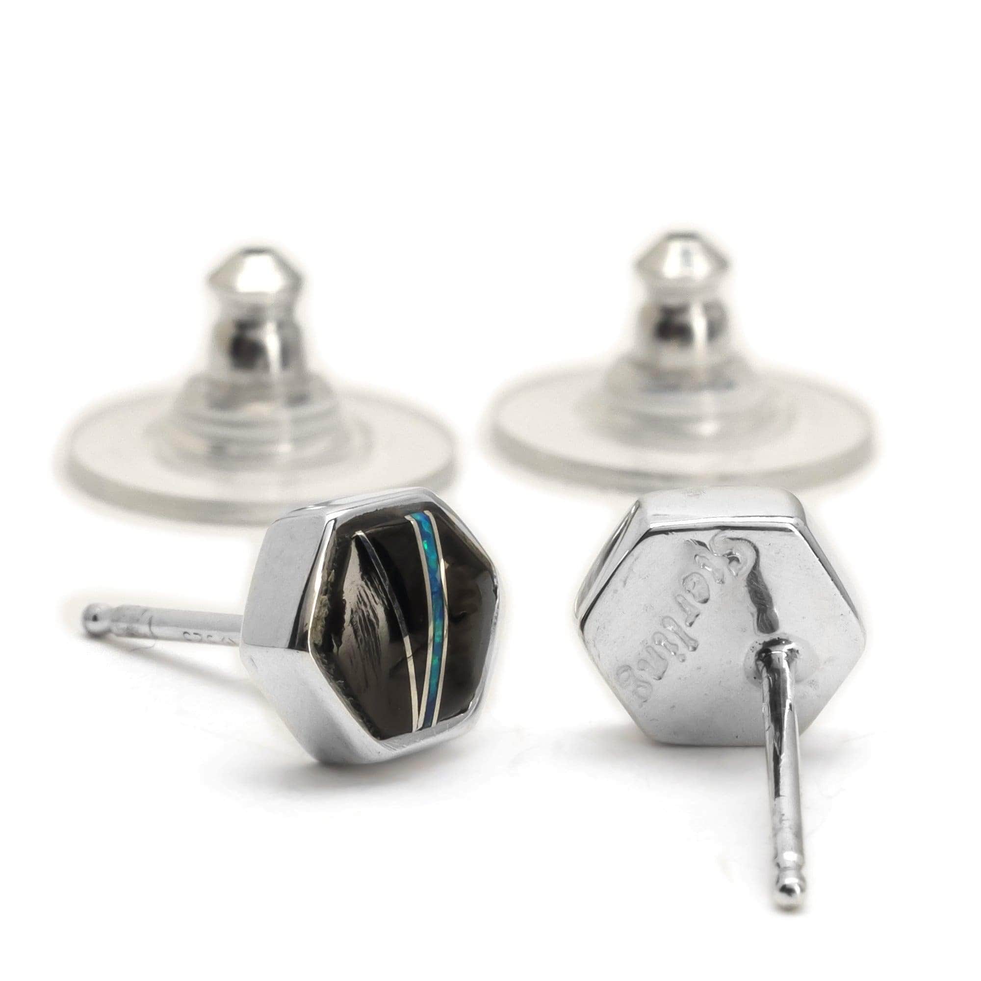 Kalifano Southwest Silver Jewelry Black Onyx Hexagon 925 Sterling Silver Earring with Stud Backing USA Handmade with Aqua Opal Accent NME.0645.BO