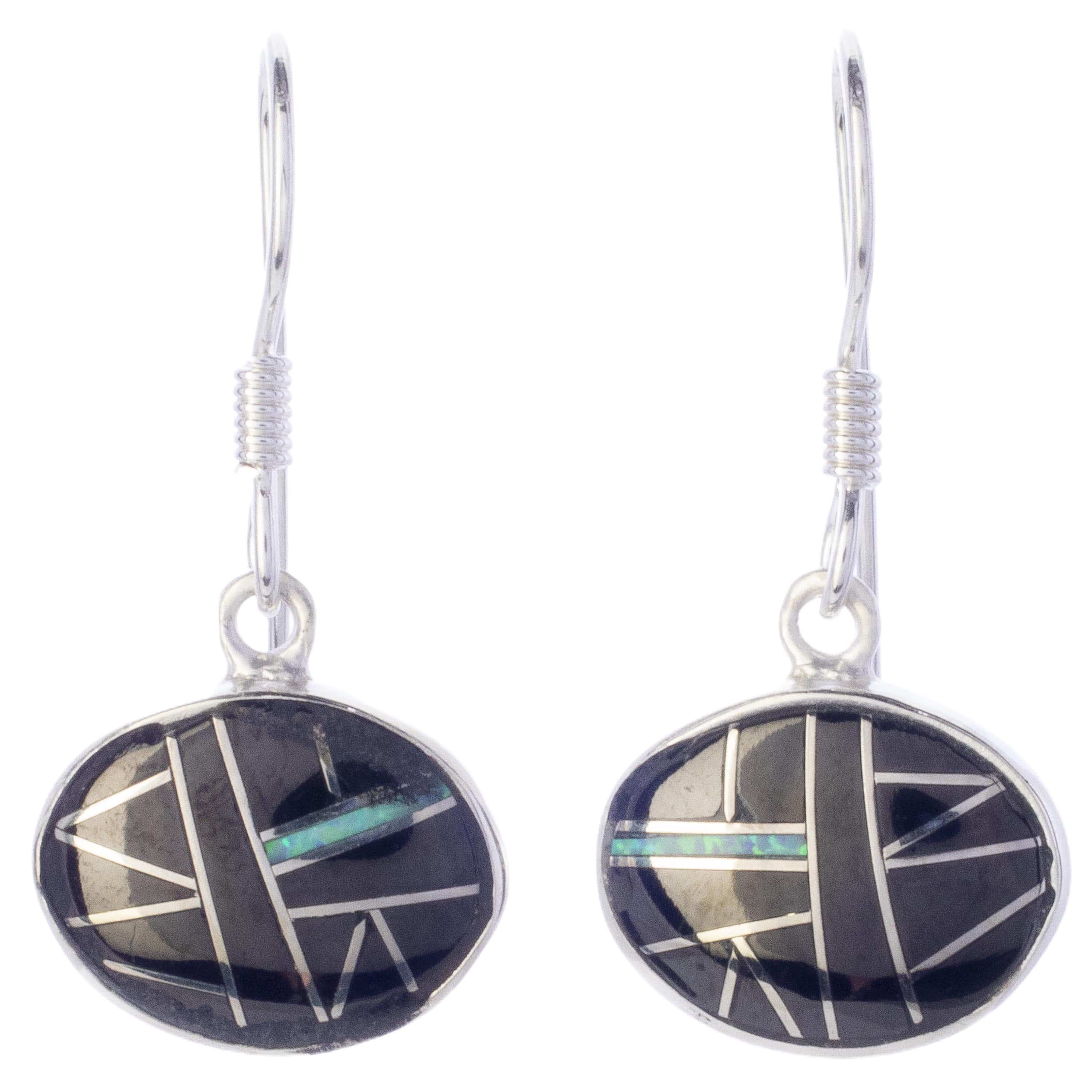 KALIFANO Southwest Silver Jewelry Black Onyx Oval Dangle Sterling Silver Earrings with French Hook USA Handmade with Opal Accent NME.2015.BO