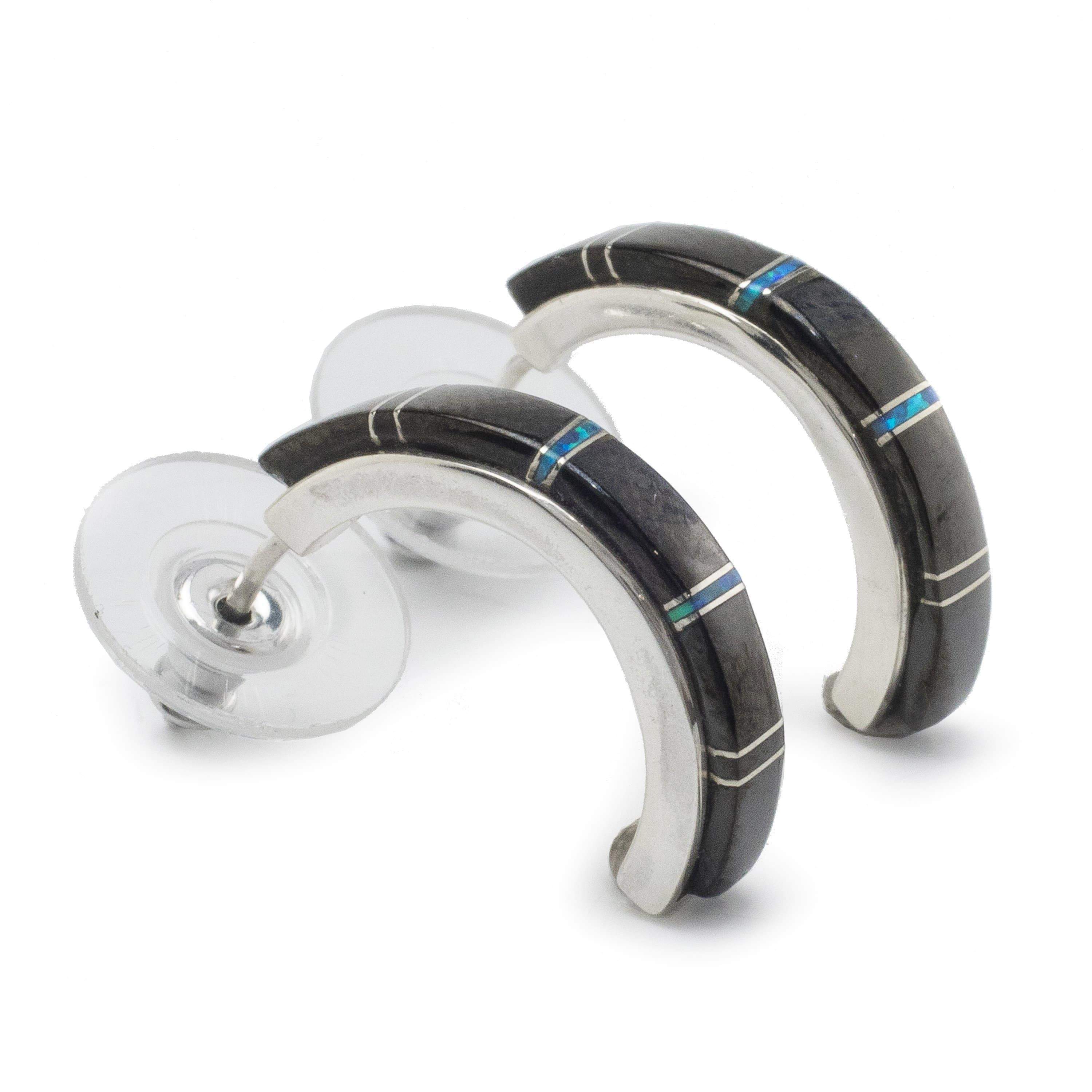Kalifano Southwest Silver Jewelry Black Onyx Semi Hoop 925 Sterling Silver Earring USA Handmade with Opal Accent NME.0406.BO