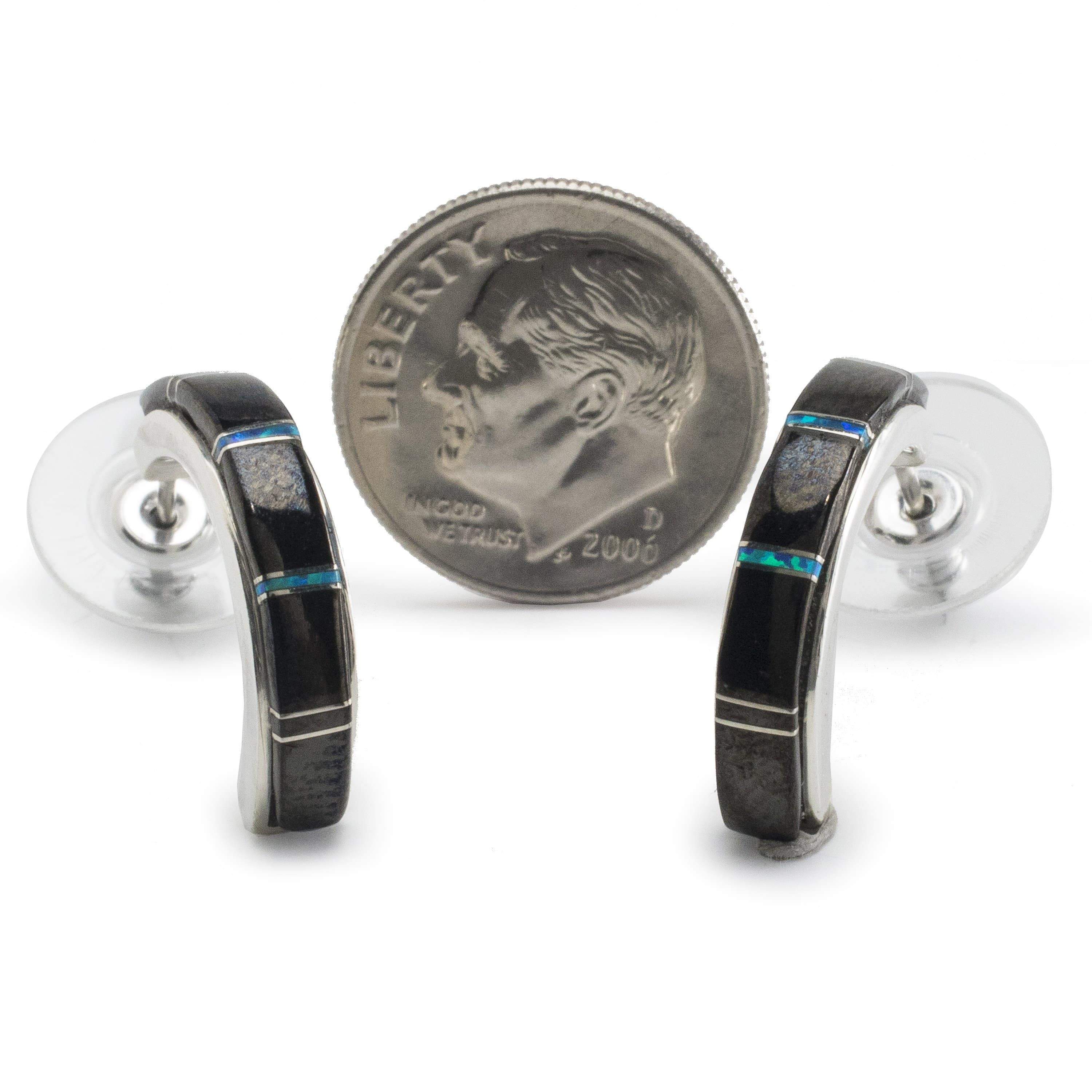 Kalifano Southwest Silver Jewelry Black Onyx Semi Hoop 925 Sterling Silver Earring USA Handmade with Opal Accent NME.0406.BO