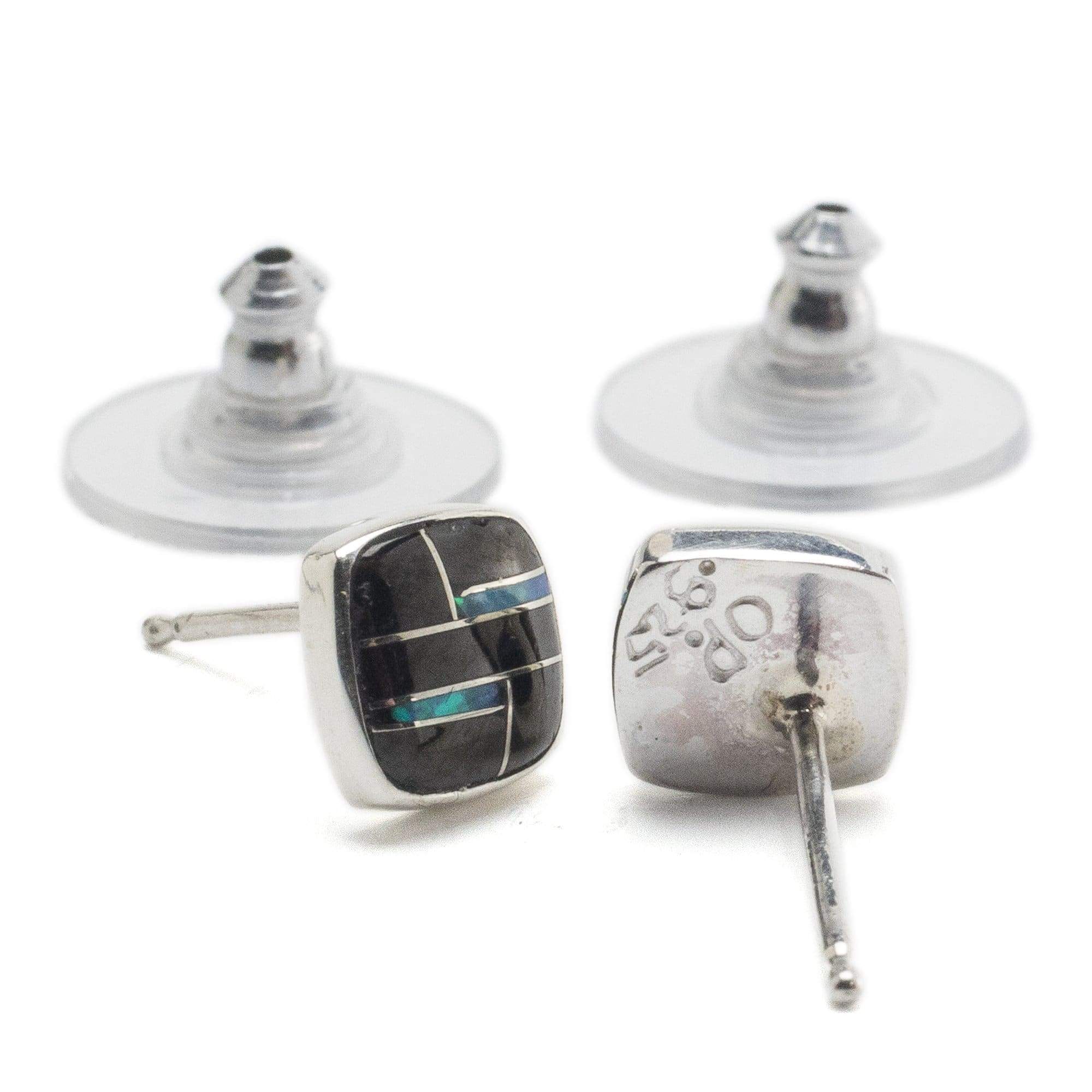Kalifano Southwest Silver Jewelry Black Onyx Square 925 Sterling Silver Earring with Stud Backing USA Handmade with Opal Accent NME.2241.BO