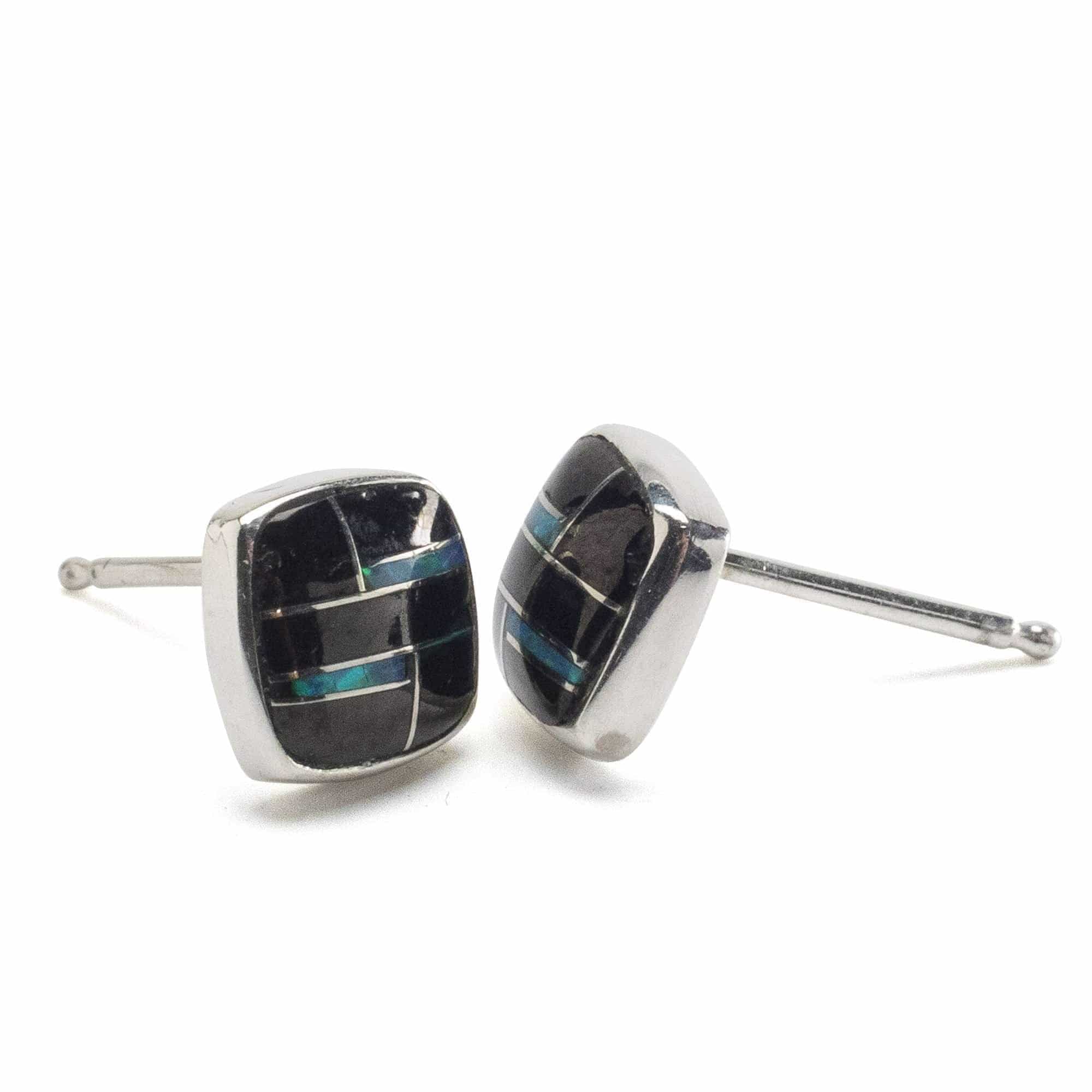 Kalifano Southwest Silver Jewelry Black Onyx Square 925 Sterling Silver Earring with Stud Backing USA Handmade with Opal Accent NME.2241.BO