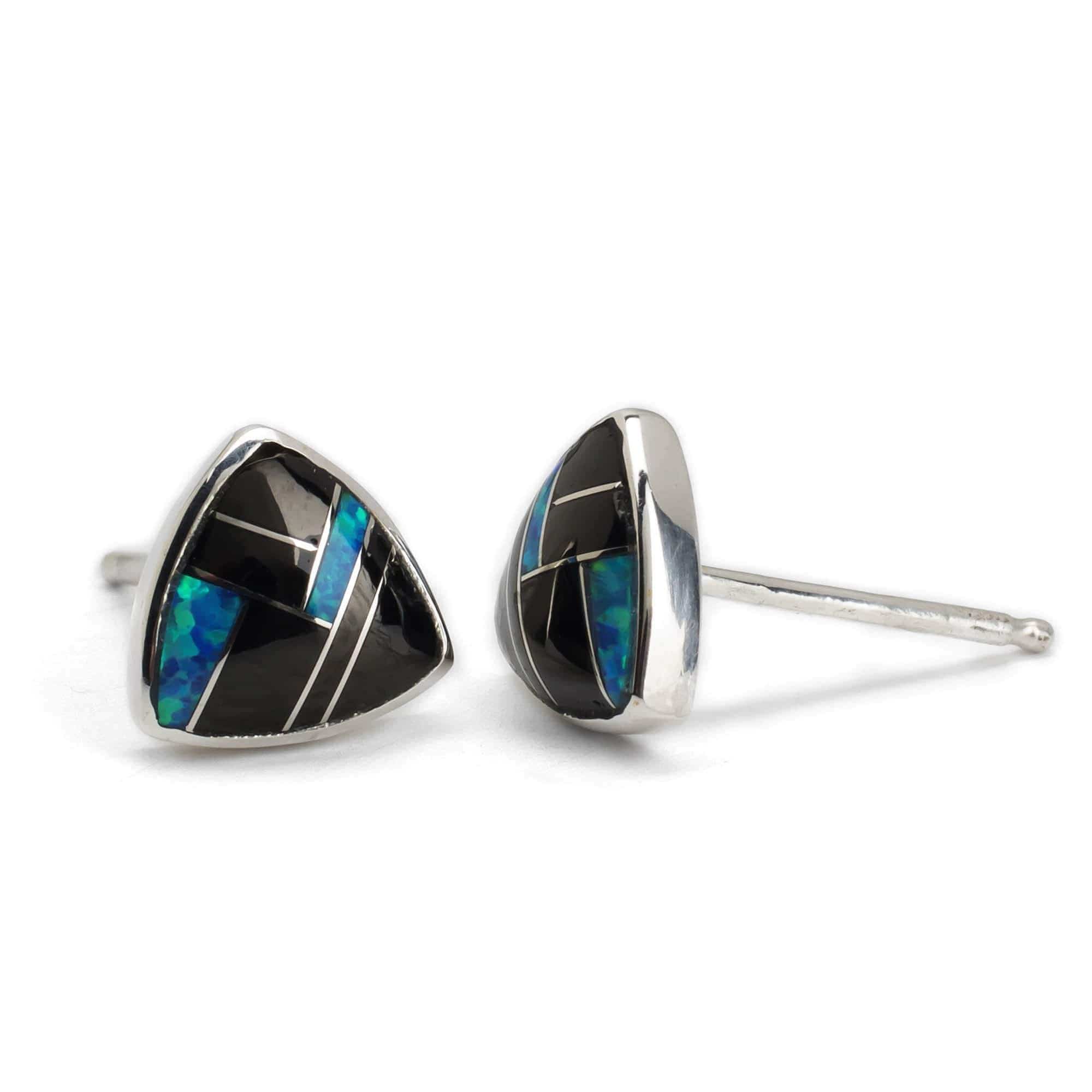 Kalifano Southwest Silver Jewelry Black Onyx Triangle 925 Sterling Silver Earring with Stud Backing USA Handmade with Opal Accent NME.2242.BO