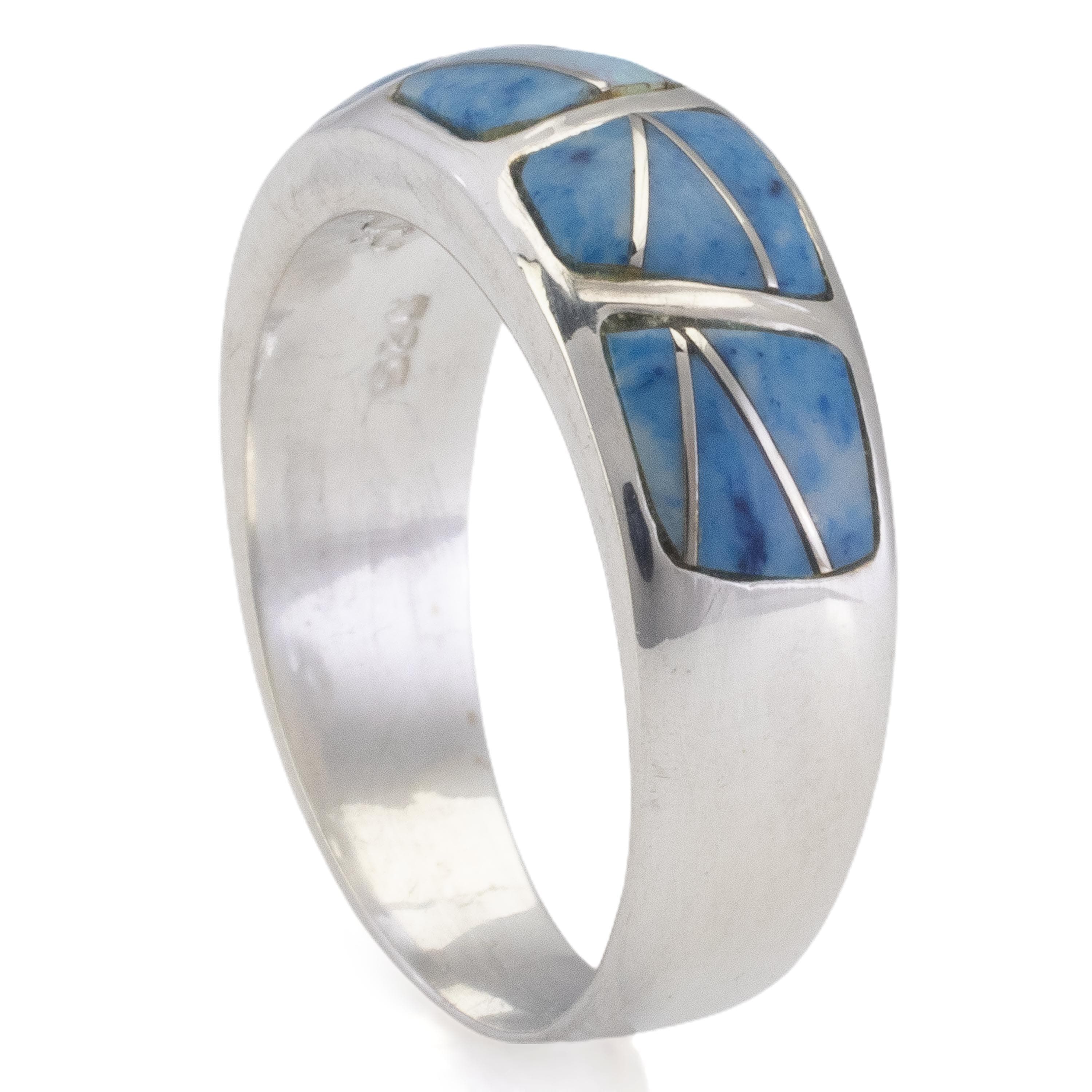 Kalifano Southwest Silver Jewelry Denim Lapis 925 Sterling Silver Ring Handmade with Laboratory Opal Accent