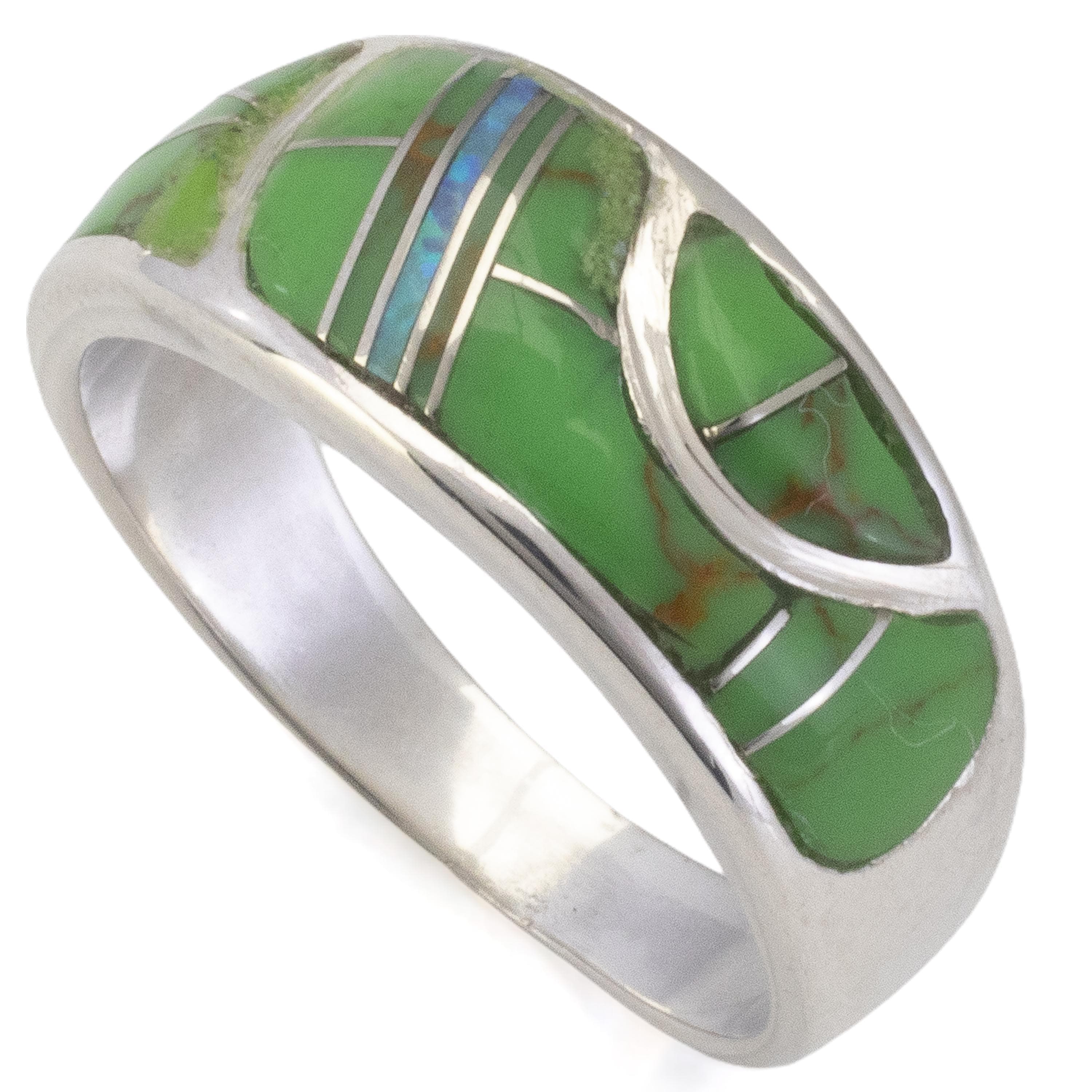 Kalifano Southwest Silver Jewelry Gaspeite 925 Sterling Silver Ring Handmade with Laboratory Opal Accent
