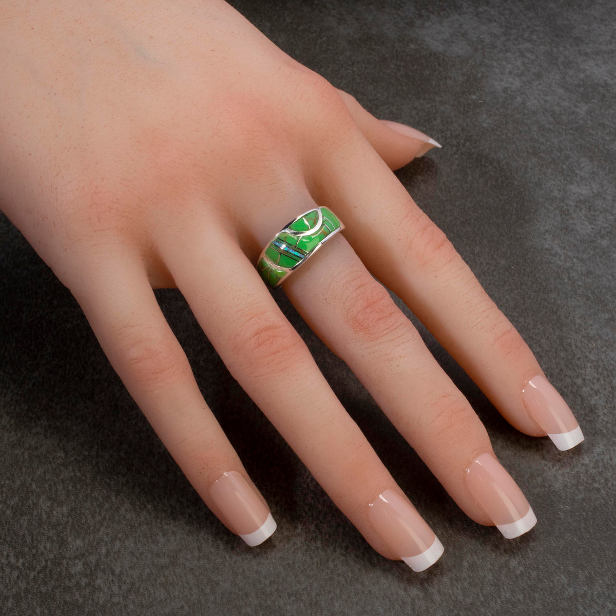Kalifano Southwest Silver Jewelry Gaspeite 925 Sterling Silver Ring Handmade with Laboratory Opal Accent