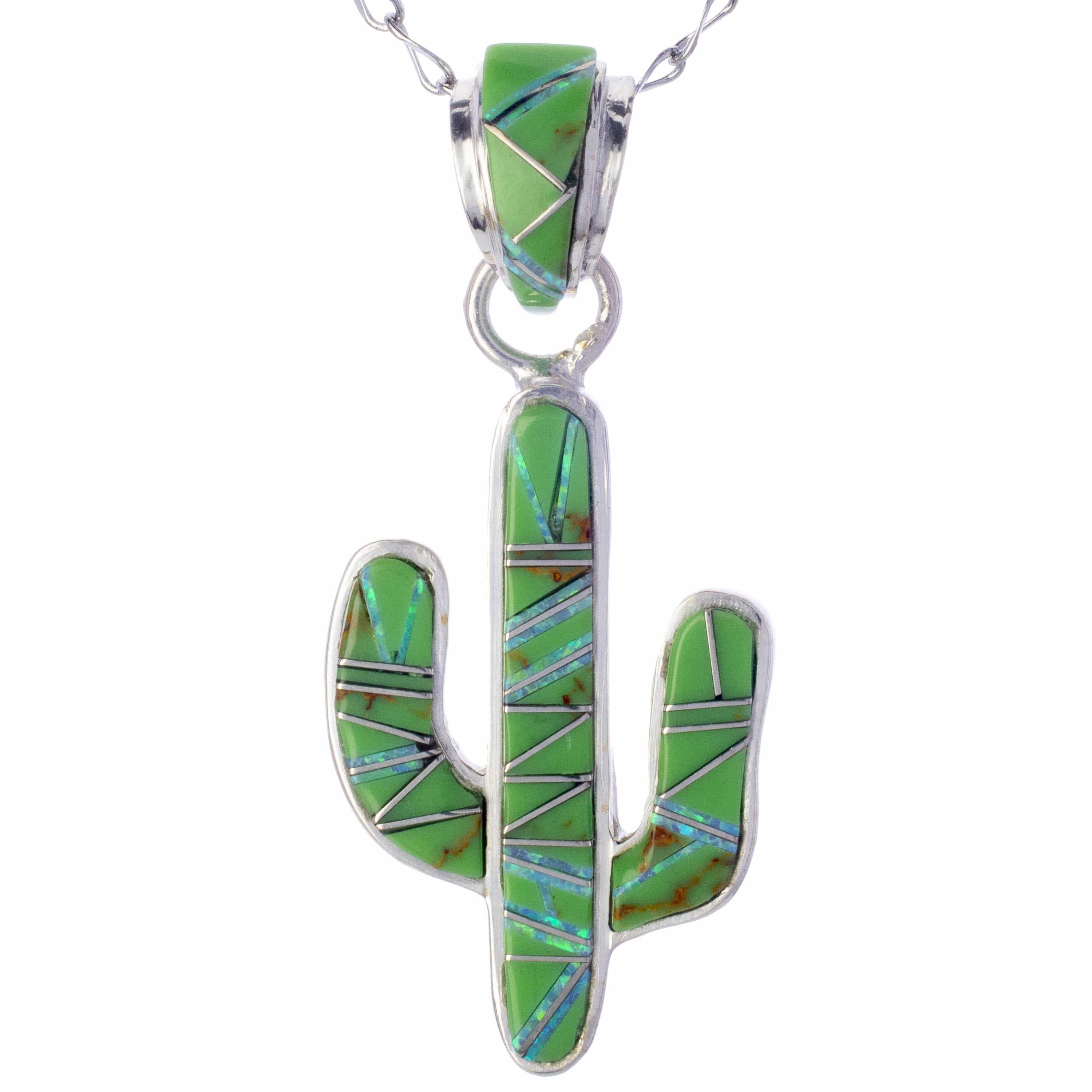 Kalifano Southwest Silver Jewelry Gaspeite Cactus 925 Sterling Silver Pendant USA Handmade with Opal Accent NMN.0602.GP