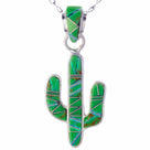 Gaspeite Cactus 925 Sterling Silver Pendant USA Handmade with Opal Accent