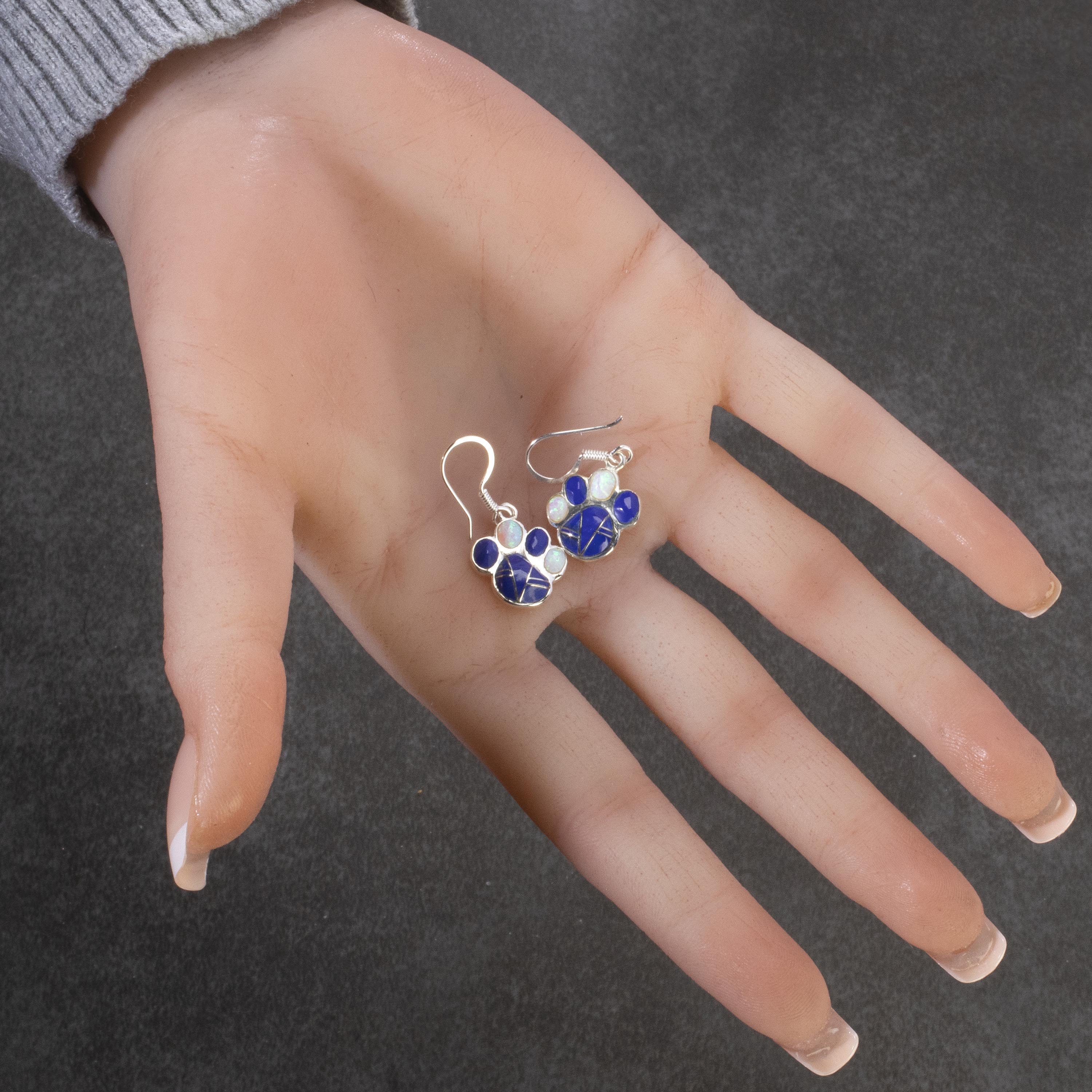 KALIFANO Southwest Silver Jewelry Lapis Dog Paw Dangle Sterling Silver Earrings with French Hook USA Handmade with Opal Accent NME.2364.LP