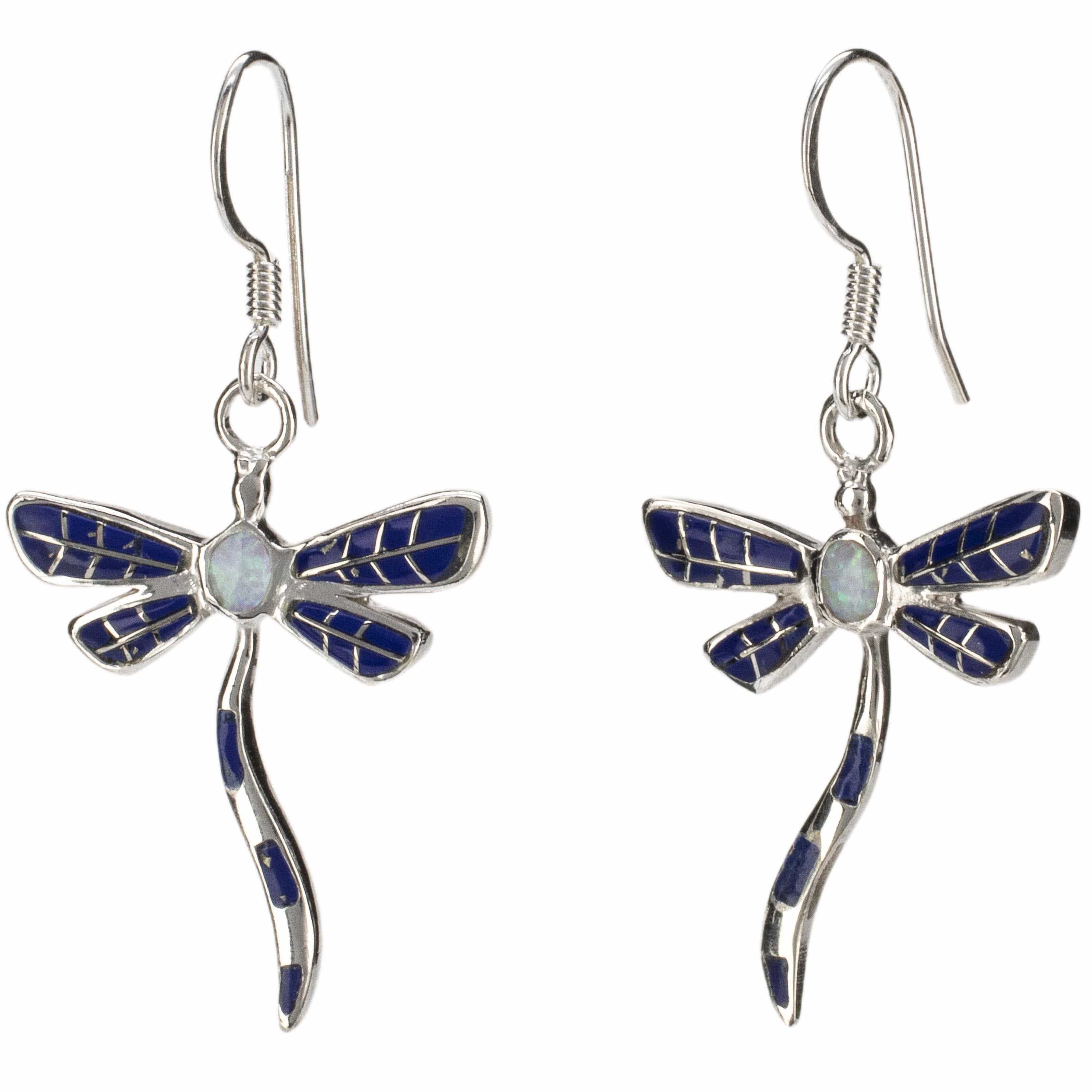 Kalifano Southwest Silver Jewelry Lapis Dragonfly Earrings Handmade with Sterling Silver and Aqua Opal Accent NME.0893.LP