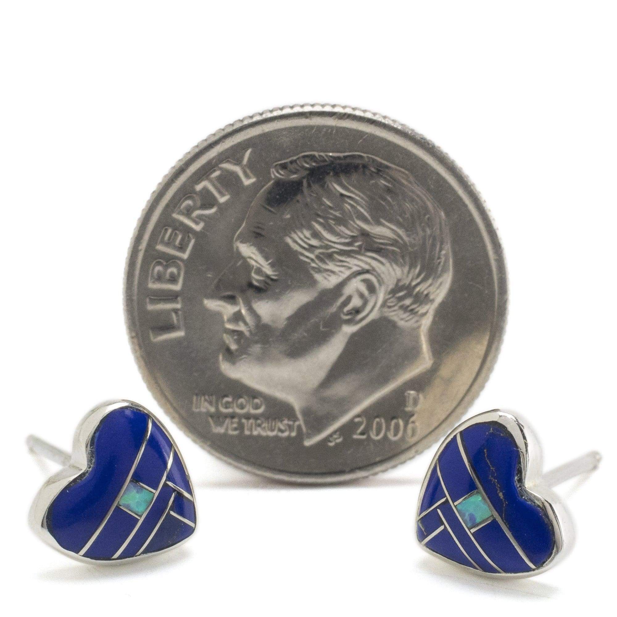 Kalifano Southwest Silver Jewelry Lapis Heart 925 Sterling Silver Earring with Stud Backing USA Handmade with Opal Accent NME.2240.LP