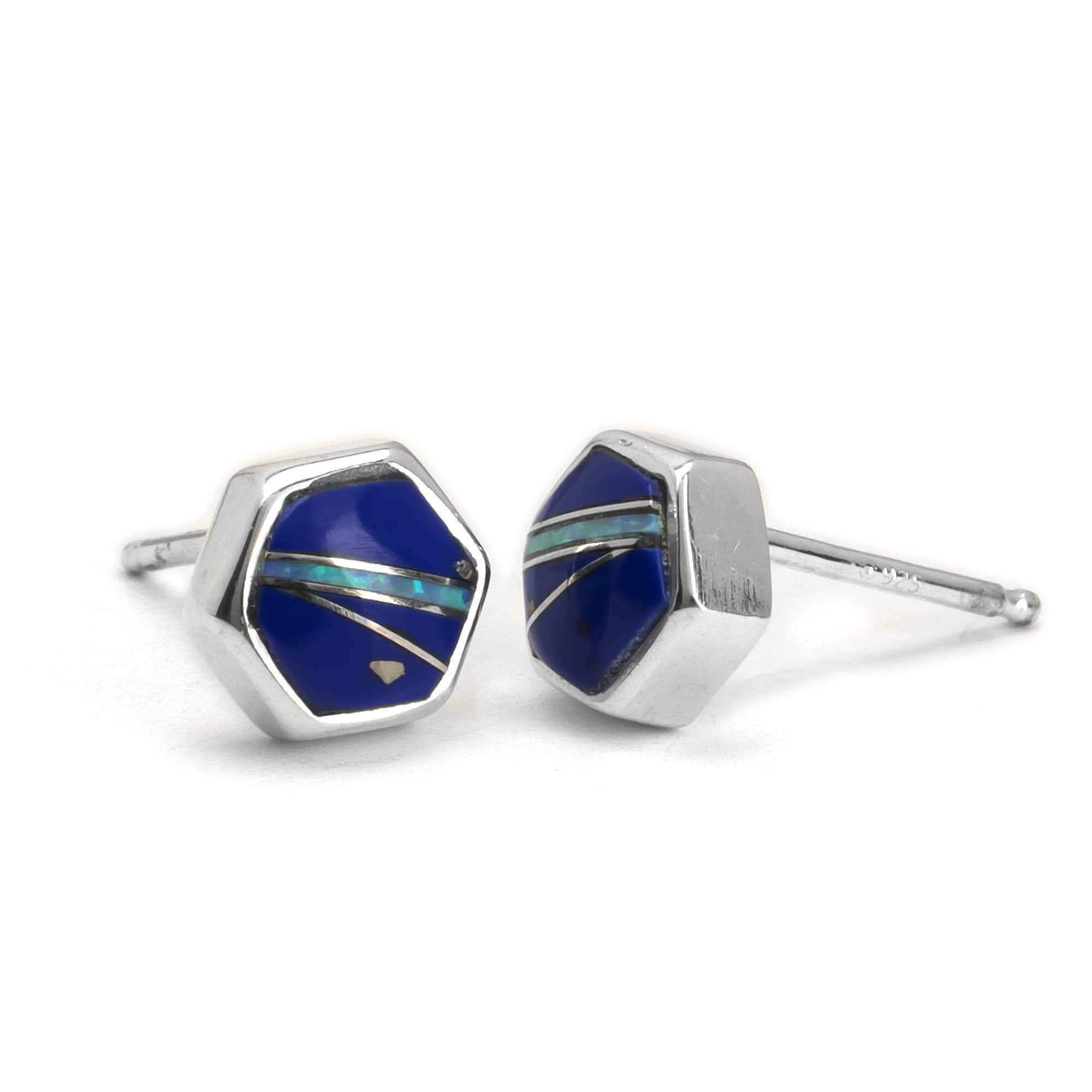 Kalifano Southwest Silver Jewelry Lapis Hexagon 925 Sterling Silver Earring with Stud Backing USA Handmade with Opal Accent NME.0645.LP