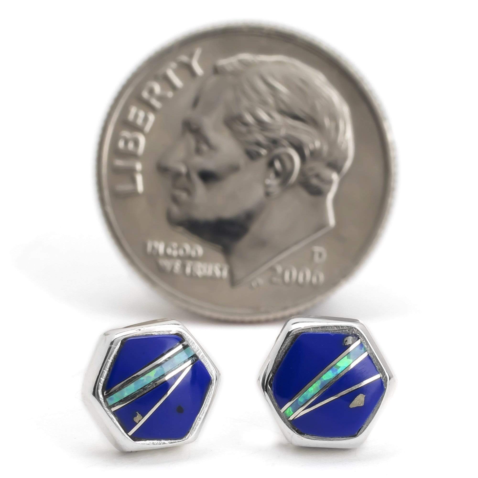 Kalifano Southwest Silver Jewelry Lapis Hexagon 925 Sterling Silver Earring with Stud Backing USA Handmade with Opal Accent NME.0645.LP