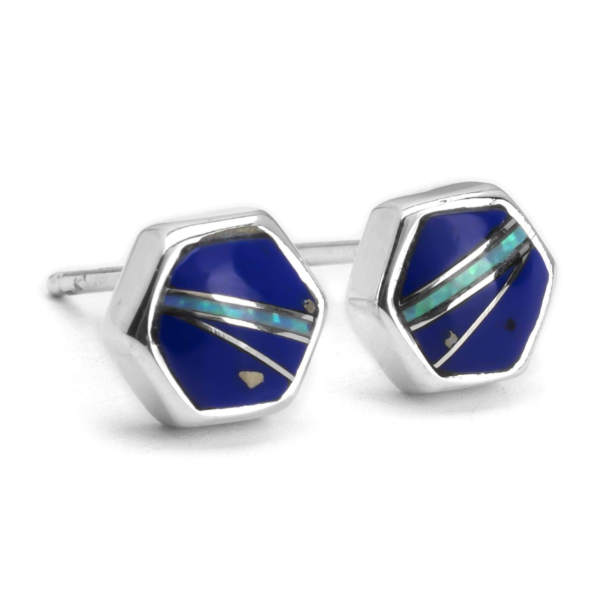 Kalifano Southwest Silver Jewelry Lapis Hexagon 925 Sterling Silver Earring with Stud Backing USA Handmade with Opal Accent NME.0645.LP