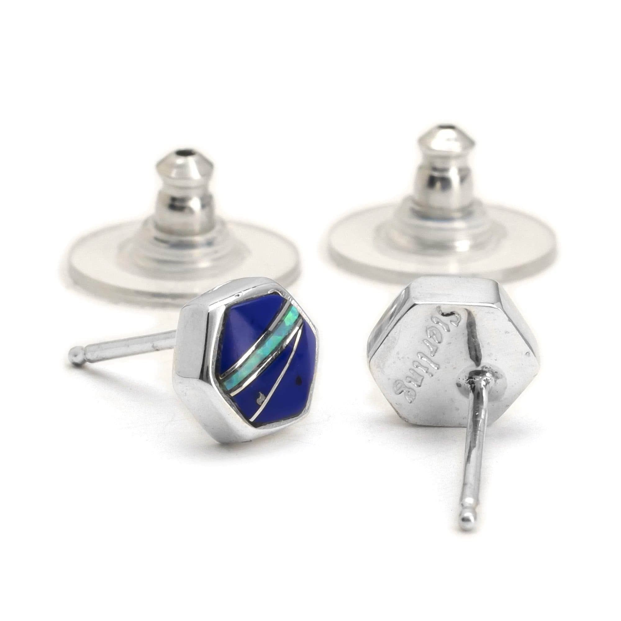 Kalifano Southwest Silver Jewelry Lapis Hexagon 925 Sterling Silver Earring with Stud Backing USA Handmade with Opal Accent NME.0645.LP