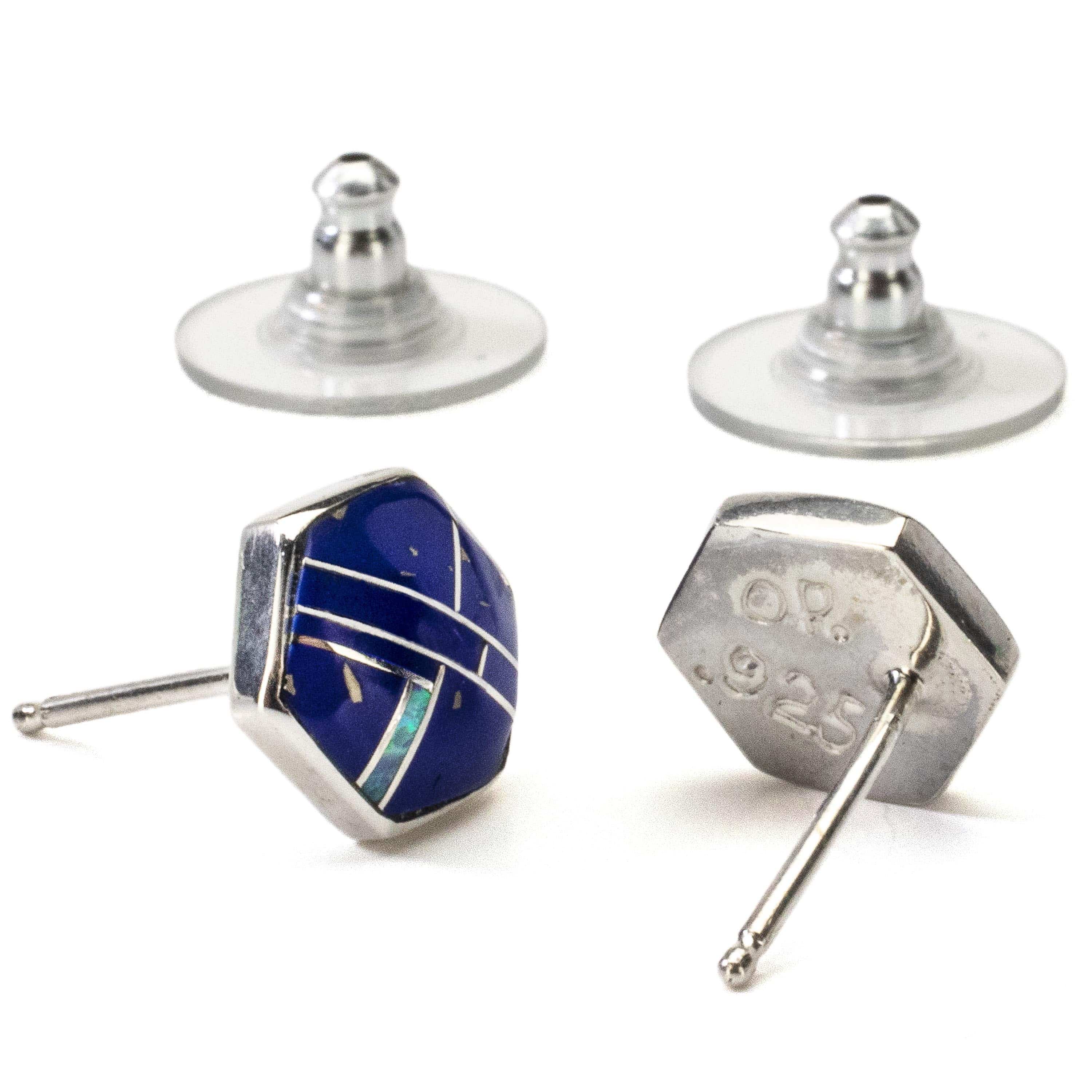 Kalifano Southwest Silver Jewelry Lapis Hexagon Earrings Handmade with Sterling Silver and Opal Accent NME.2264.LP