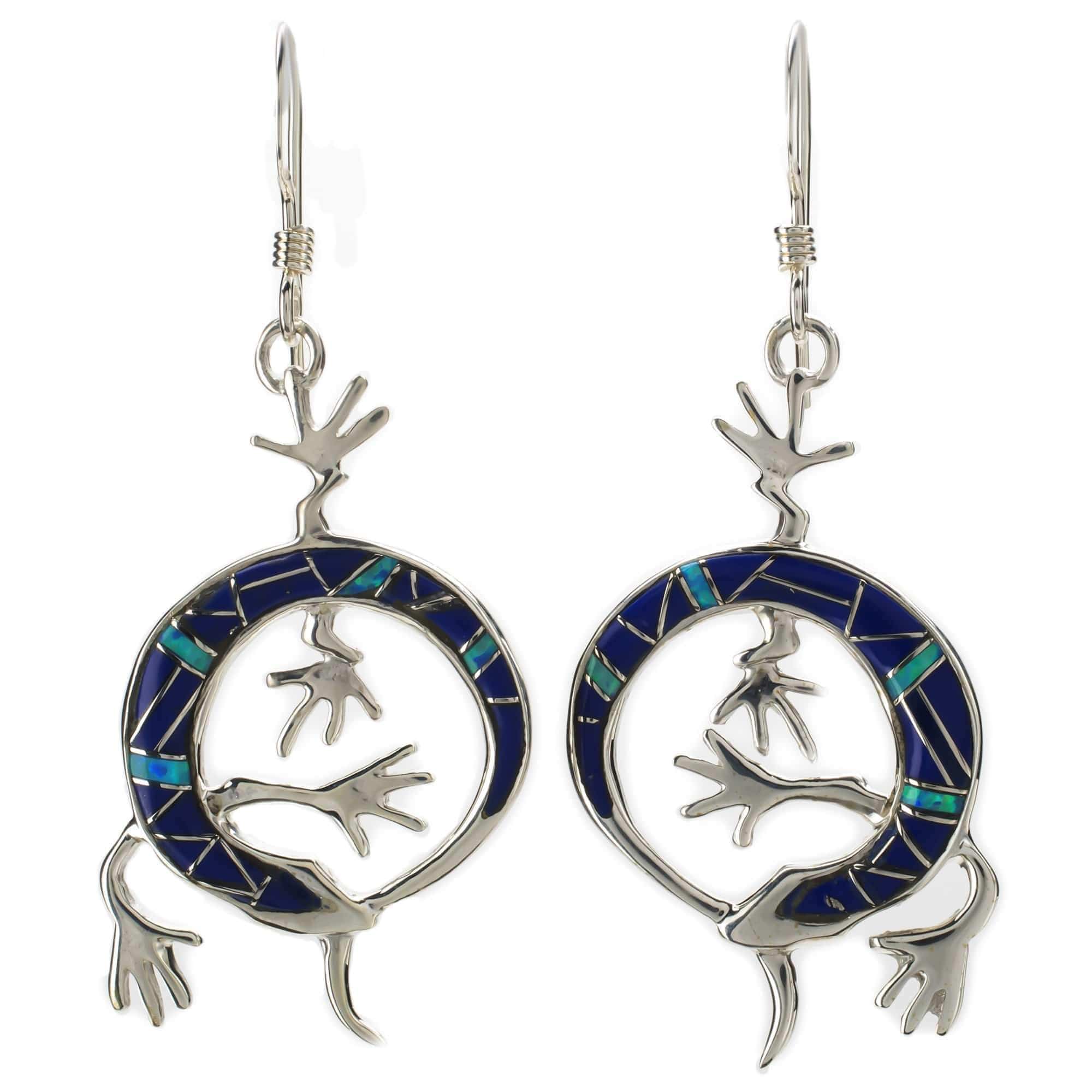 Kalifano Southwest Silver Jewelry Lapis Lizard 925 Sterling Silver Earring with French Hook USA Handmade with Aqua Opal Accent NME.2162.LP